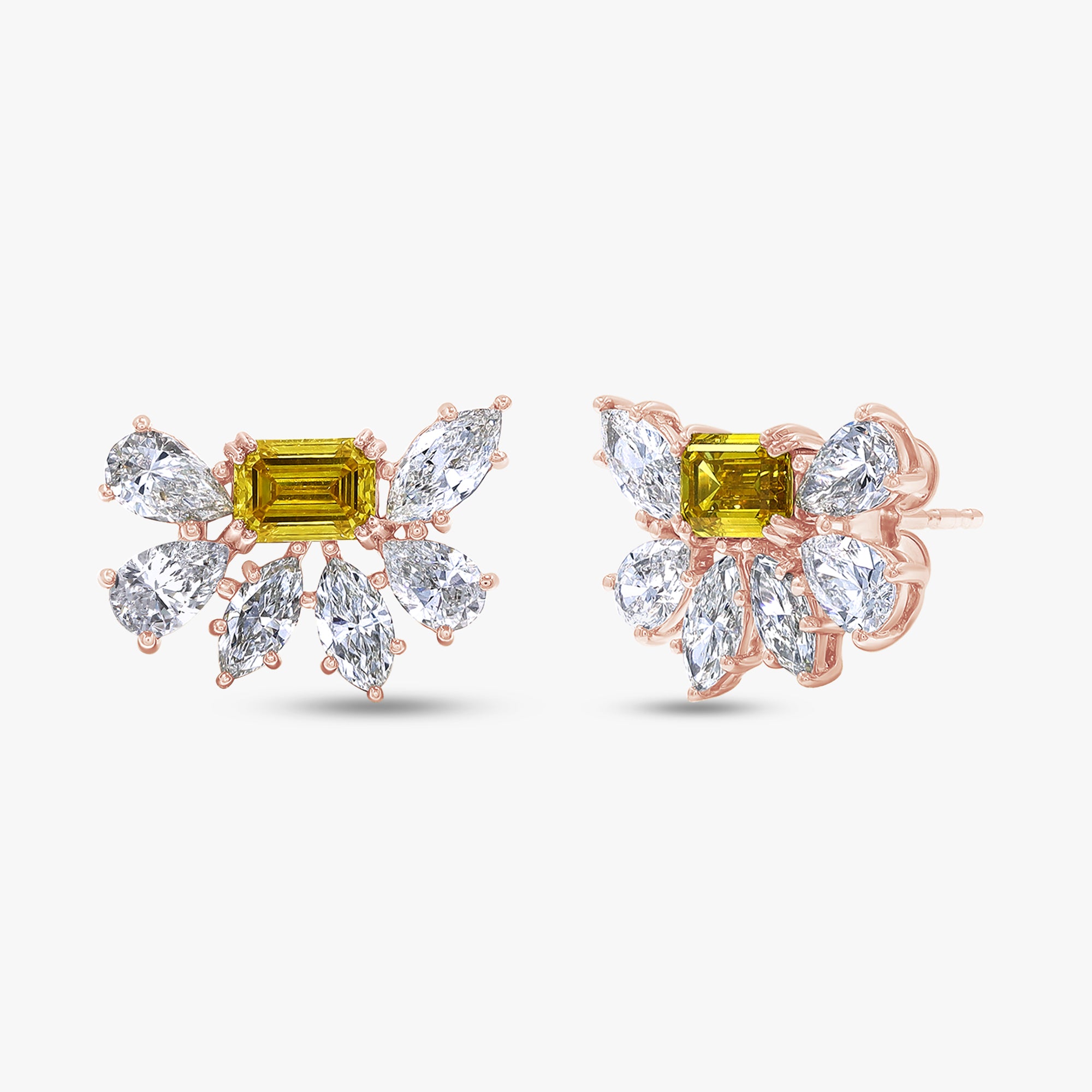 Golden Aurora Diamond Stud Earrings Emerald Cut , Pear Shaped and Marquise Shape 4.70 Carat Lab Grown Diamond Stud Earrings