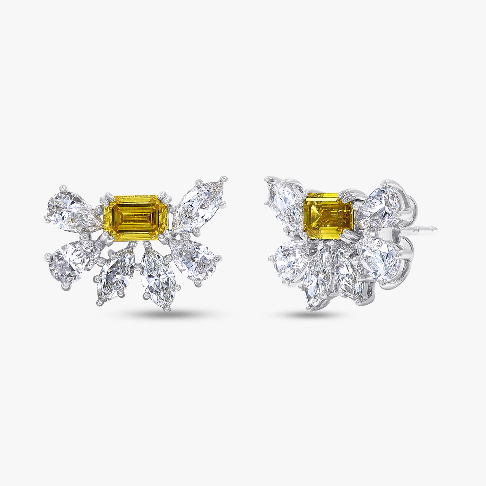 Golden Aurora Diamond Stud Earrings Emerald Cut , Pear Shaped and Marquise Shape 4.70 Carat Lab Grown Diamond Stud Earrings