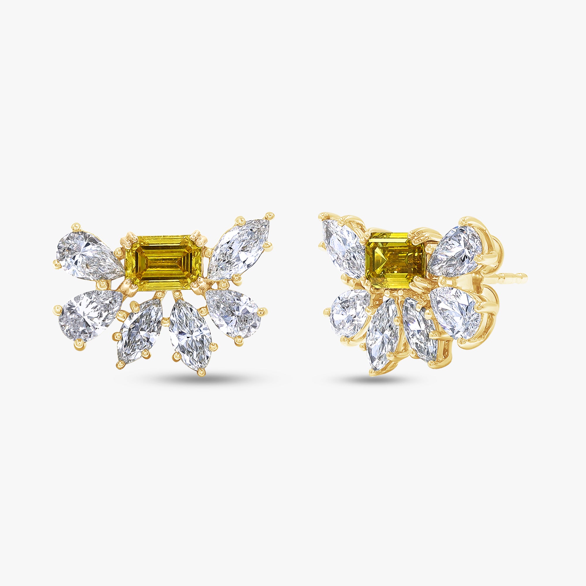 Golden Aurora Diamond Stud Earrings Emerald Cut , Pear Shaped and Marquise Shape 4.70 Carat Lab Grown Diamond Stud Earrings