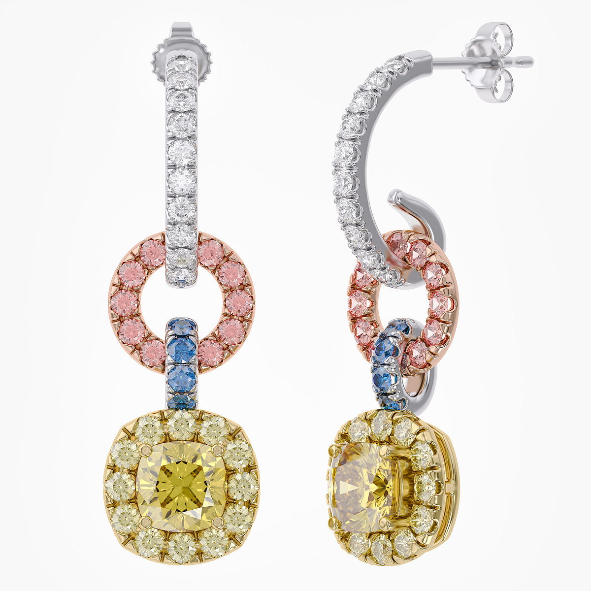 3.40 TCW Cushion and Round Shape  Multi Color Lab grown Diamond Three Tone Stud Earrings