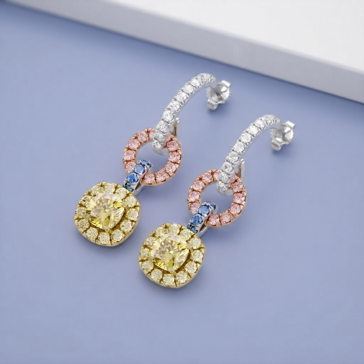 3.40 TCW Cushion and Round Shape  Multi Color Lab grown Diamond Three Tone Stud Earrings