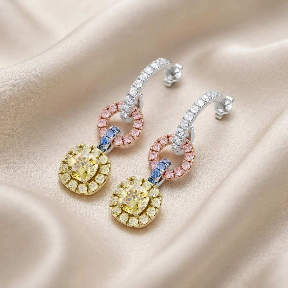 3.40 TCW Cushion and Round Shape  Multi Color Lab grown Diamond Three Tone Stud Earrings