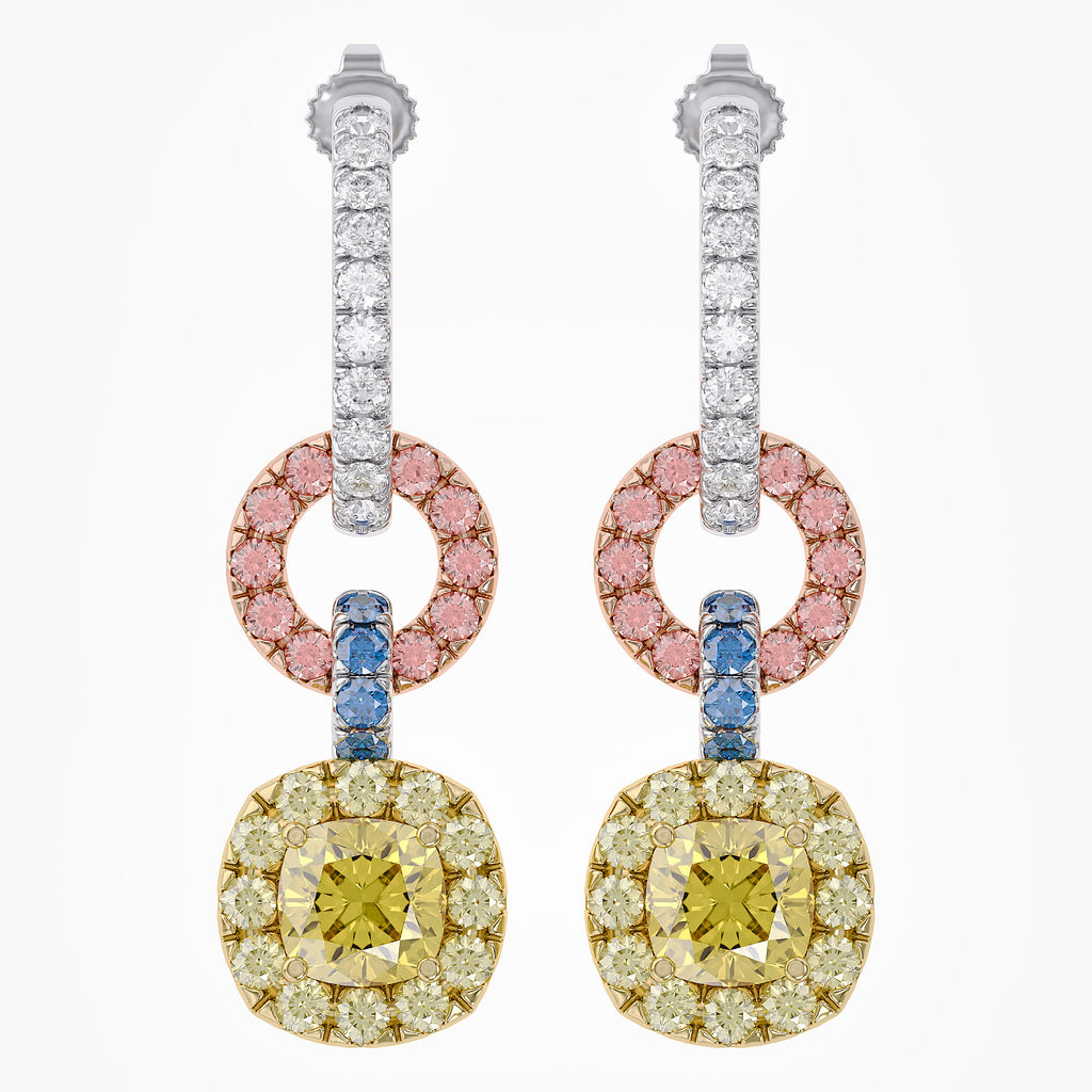 3.40 TCW Cushion and Round Shape  Multi Color Lab grown Diamond Three Tone Stud Earrings