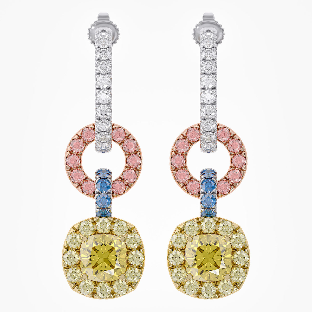 3.40 TCW Cushion and Round Shape  Multi Color Lab grown Diamond Three Tone Stud Earrings