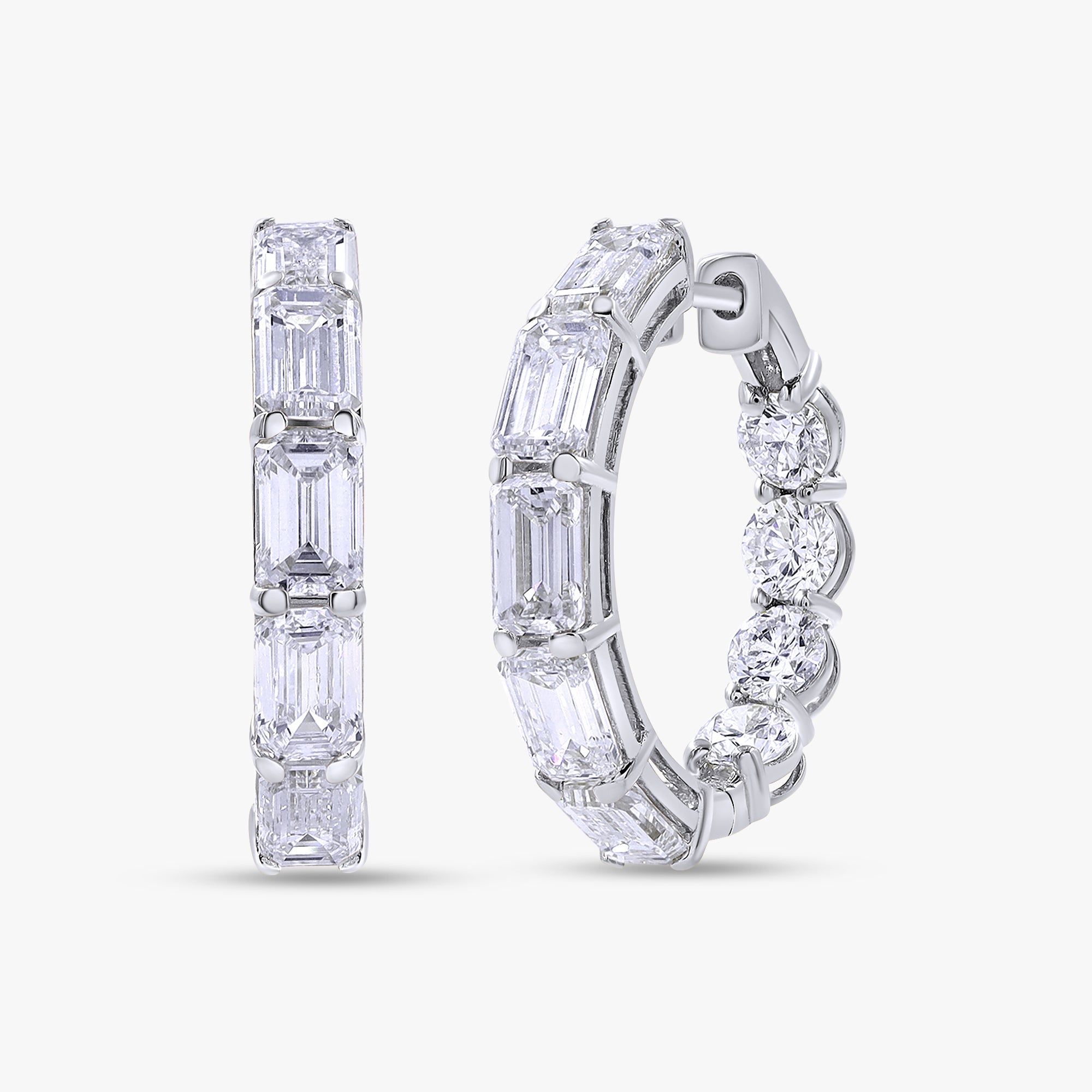 Emerald and Round Shape 6.15 Carat Lab Grown Diamond Hoop Earrings
