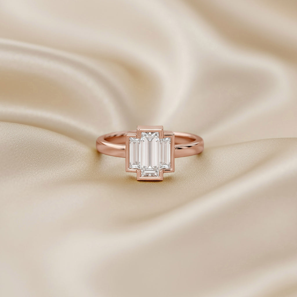 1.20 CTW Baguette Shape Lab grown Diamond Three Stone Bezel Set Ring