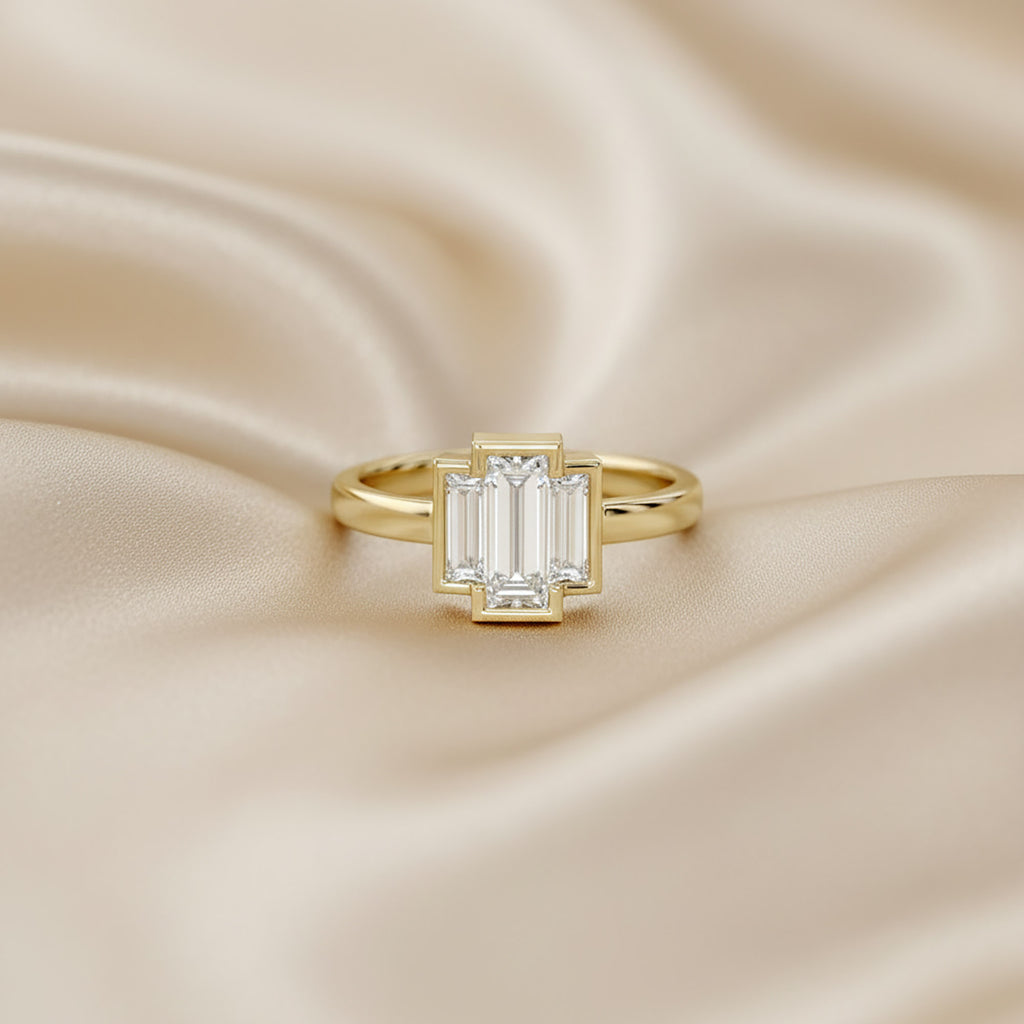 1.20 Carat Baguette Shape Lab grown Diamond Three Stone Bezel Set Ring