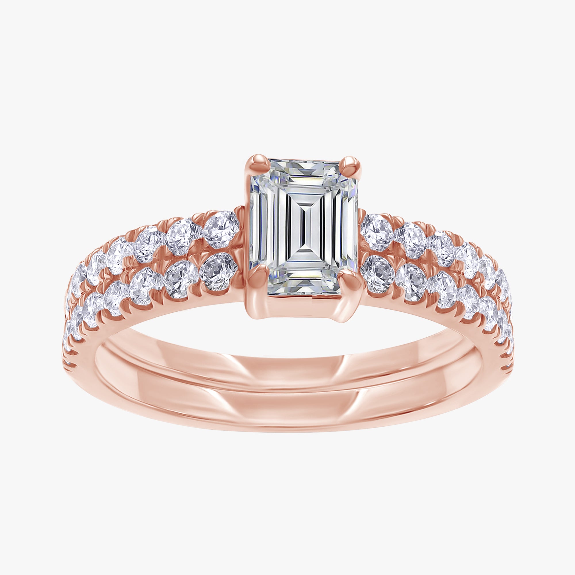 1.30 Carat Emerald and Round Cut Lab Grown Diamond 2-Row Band Ring