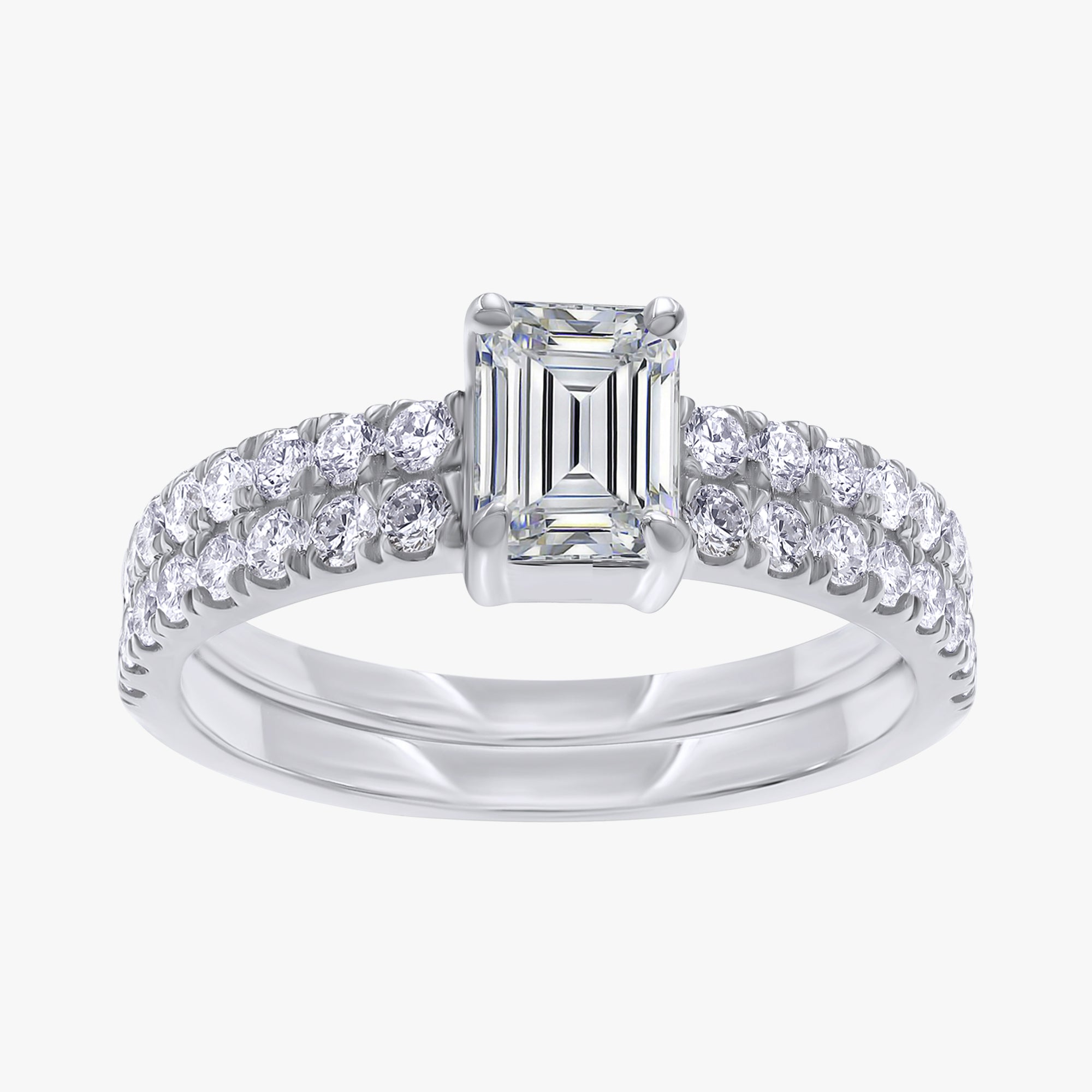 1.30 Carat Emerald and Round Cut Lab Grown Diamond 2-Row Band Ring