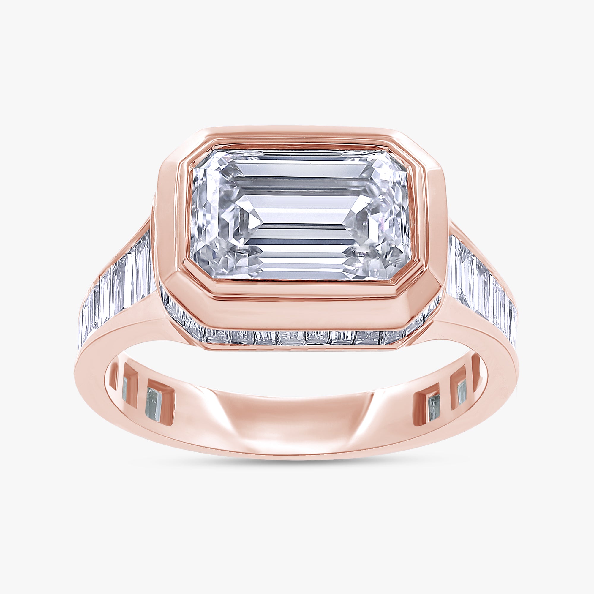 3.47 Carat Lab Grown Diamond  Emerald Cut White Diamond and Baguette Engagement Ring