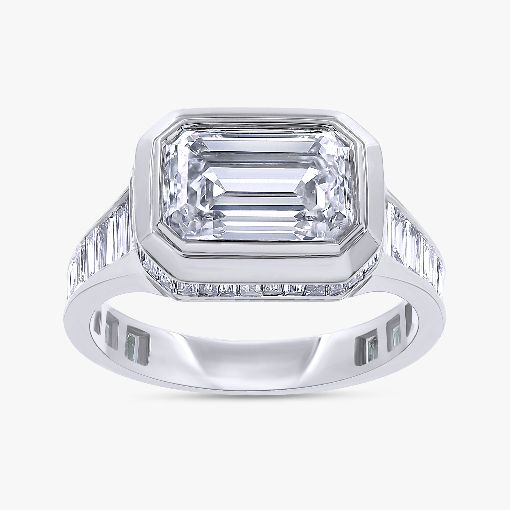 3.47 Carat Lab Grown Diamond  Emerald Cut White Diamond and Baguette Engagement Ring