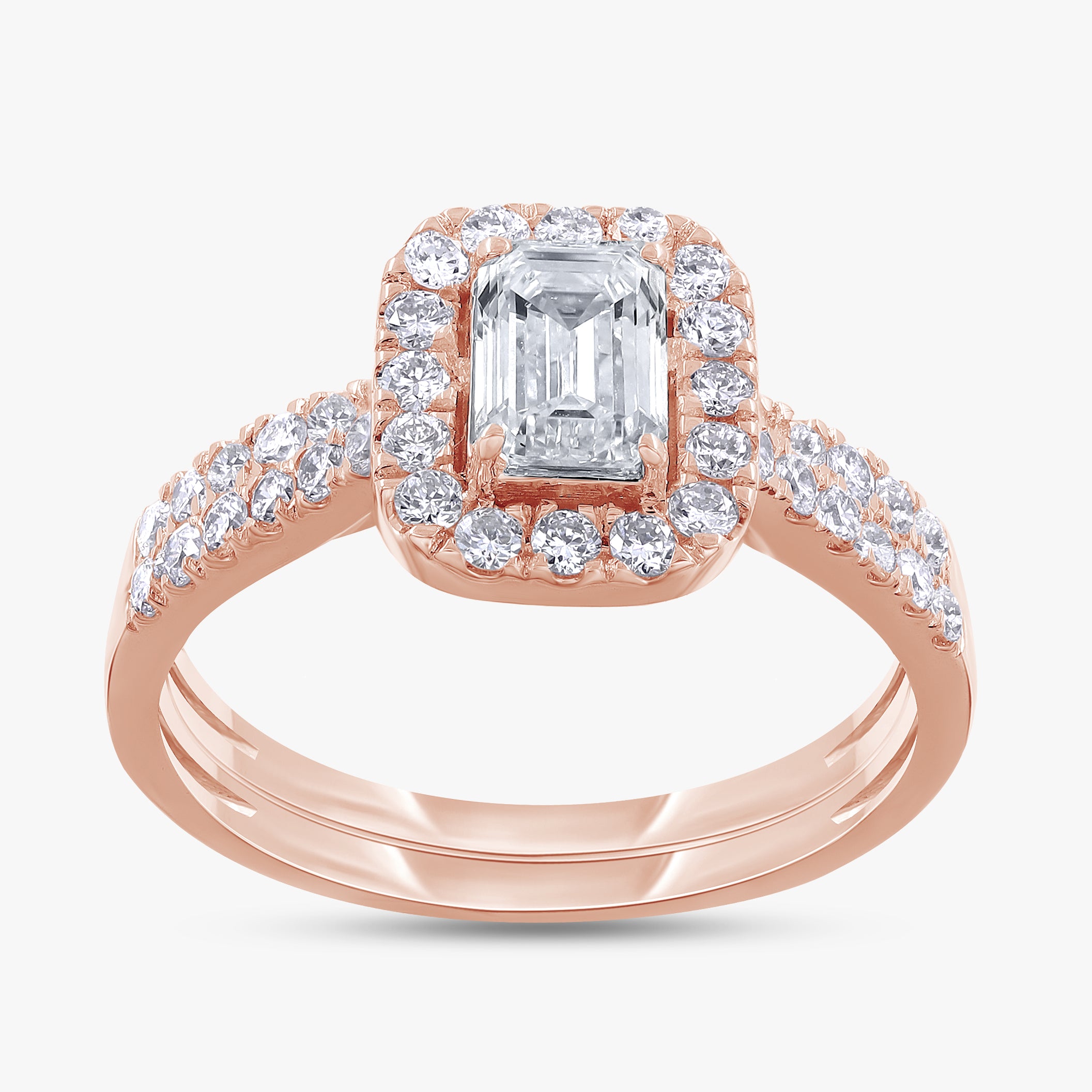 1.00 Carat Emerald and Round Cut Lab Grown Diamond Bridal Set Engagement Ring