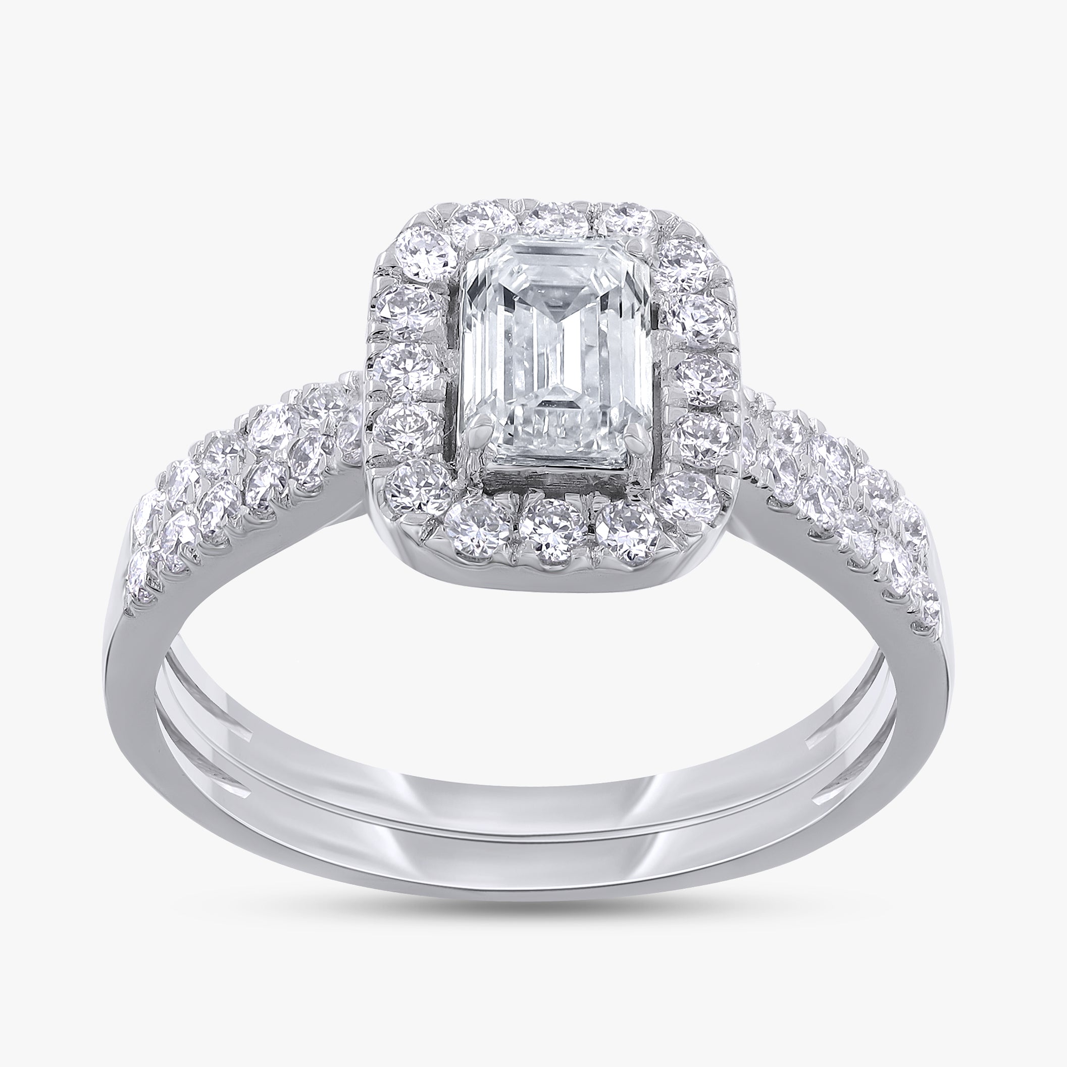 1.00 Carat Emerald and Round Cut Lab Grown Diamond Bridal Set Engagement Ring