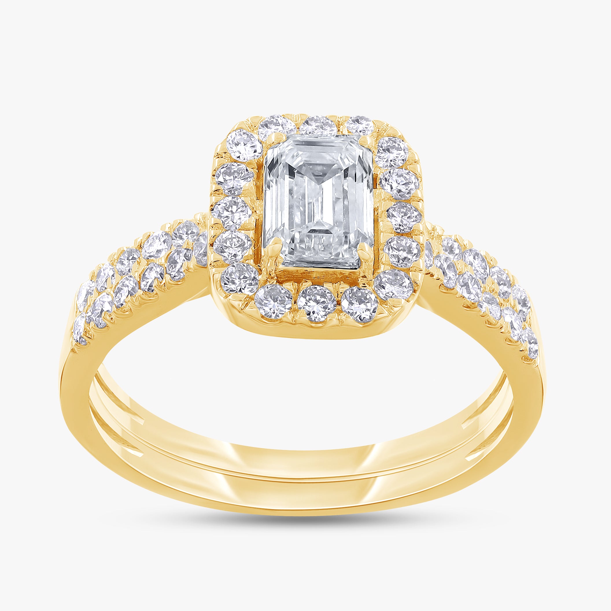 1.00 Carat Emerald and Round Cut Lab Grown Diamond Bridal Set Engagement Ring