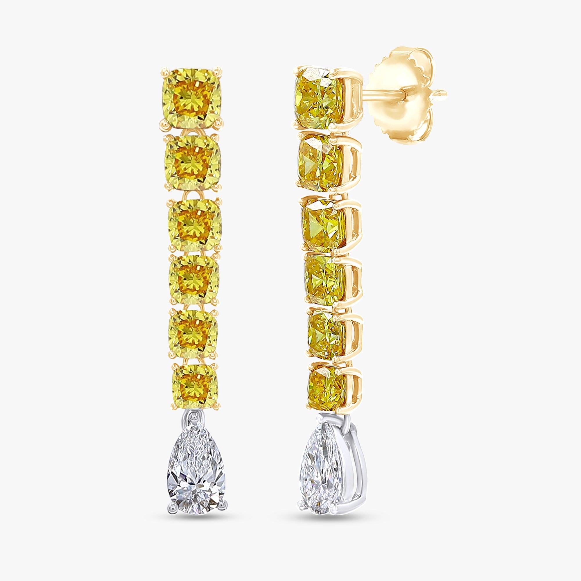 Cushion and Pear Shape 5.05 Carat Yellow and white Lab Grown Diamond Two Tone Stud Earrings