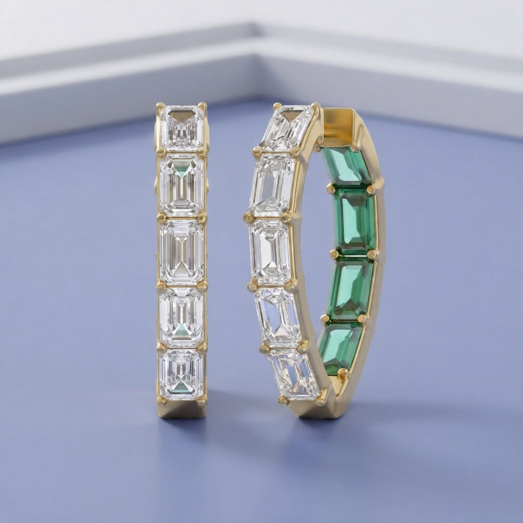 8.75 Carat Emerald Cut Lab Grown Gemstone and Lab Diamond Hoop Earrings