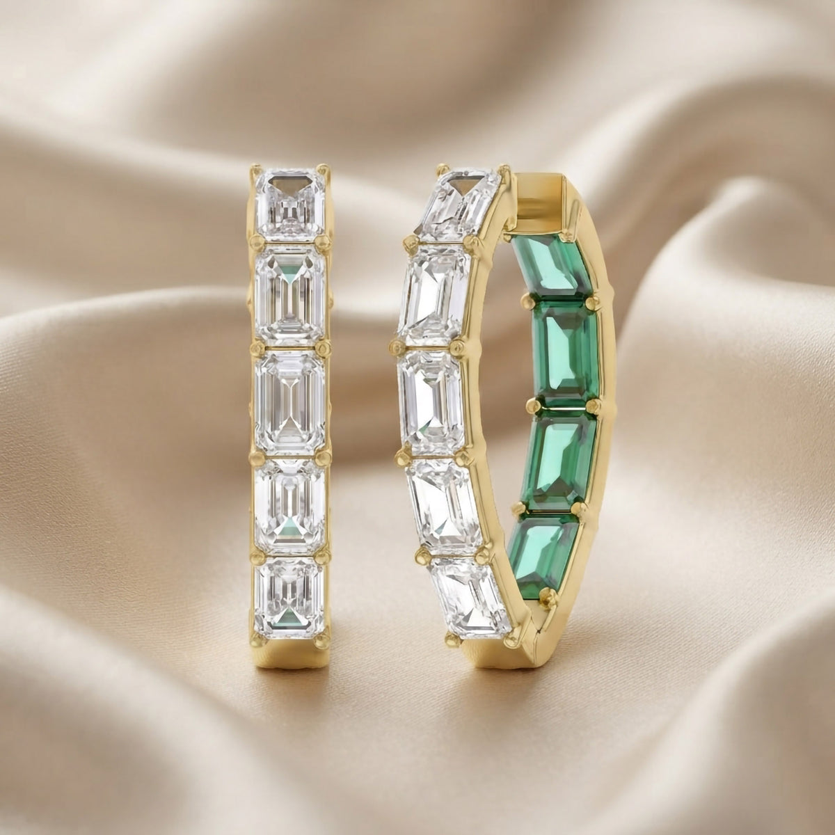 8.75 Carat Emerald Cut Lab Grown Gemstone and Lab Diamond Hoop Earrings