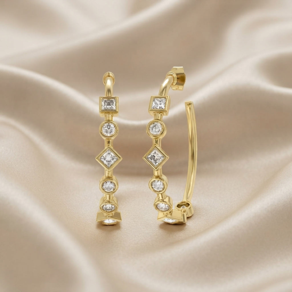 1.50 Carat Princess and Round Cut Lab Grown Diamond Half Hoop Earrings