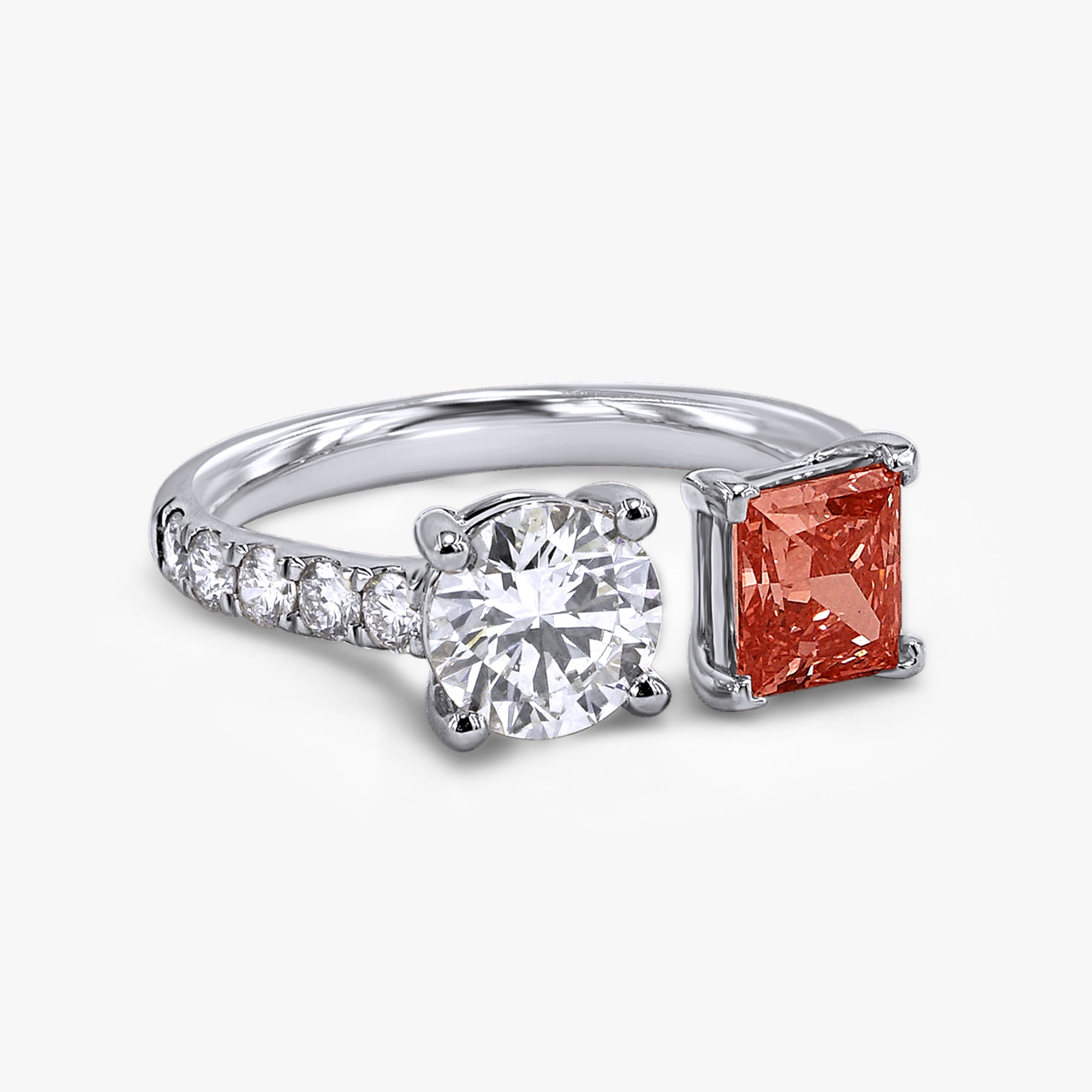 2.50 Carat Princess and Round Cut Lab Grown Diamond Toi et Moi Engagement Ring