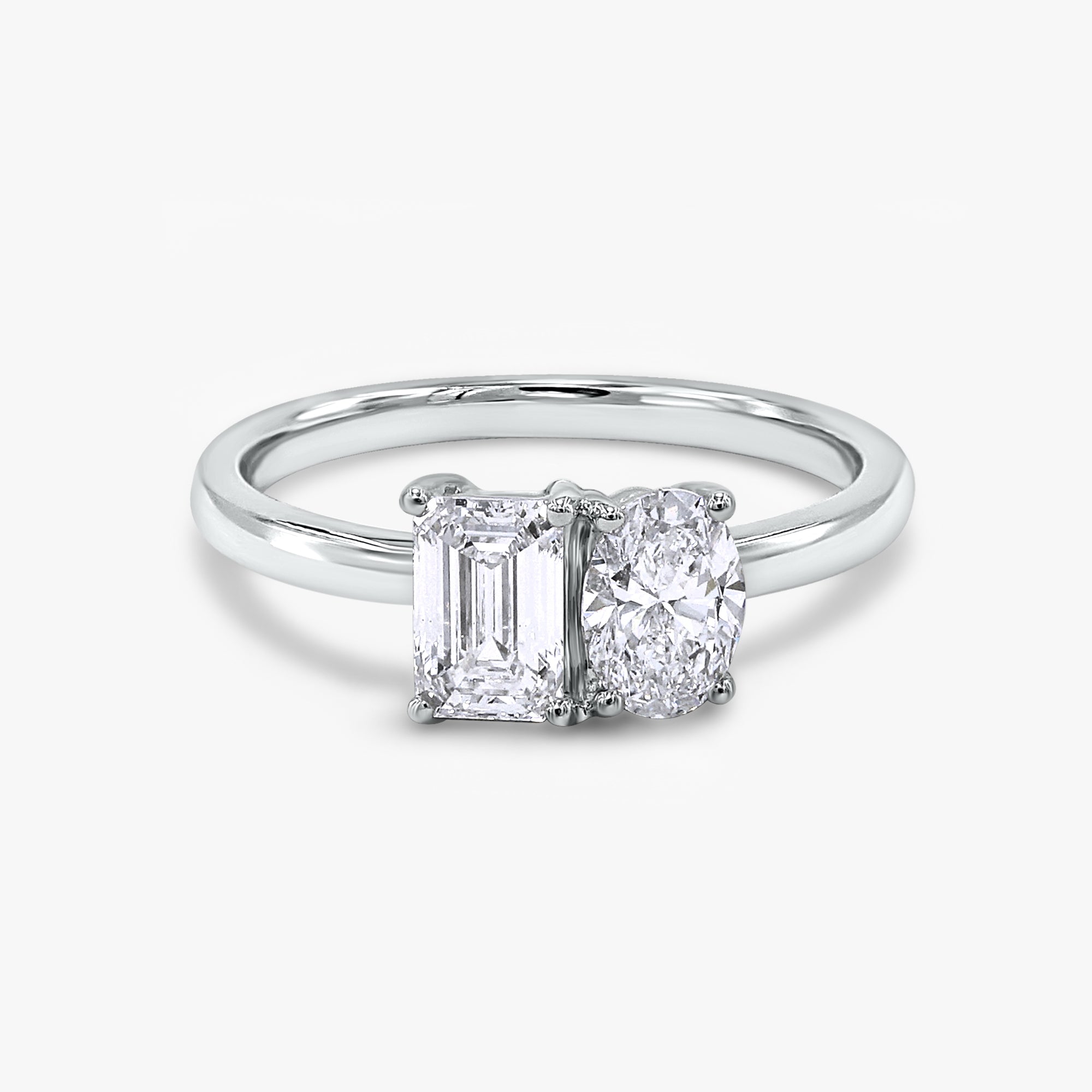 1.10 Carat Emerald and Oval Shape Lab Grown Diamond Toi Et Moi Engagement Ring