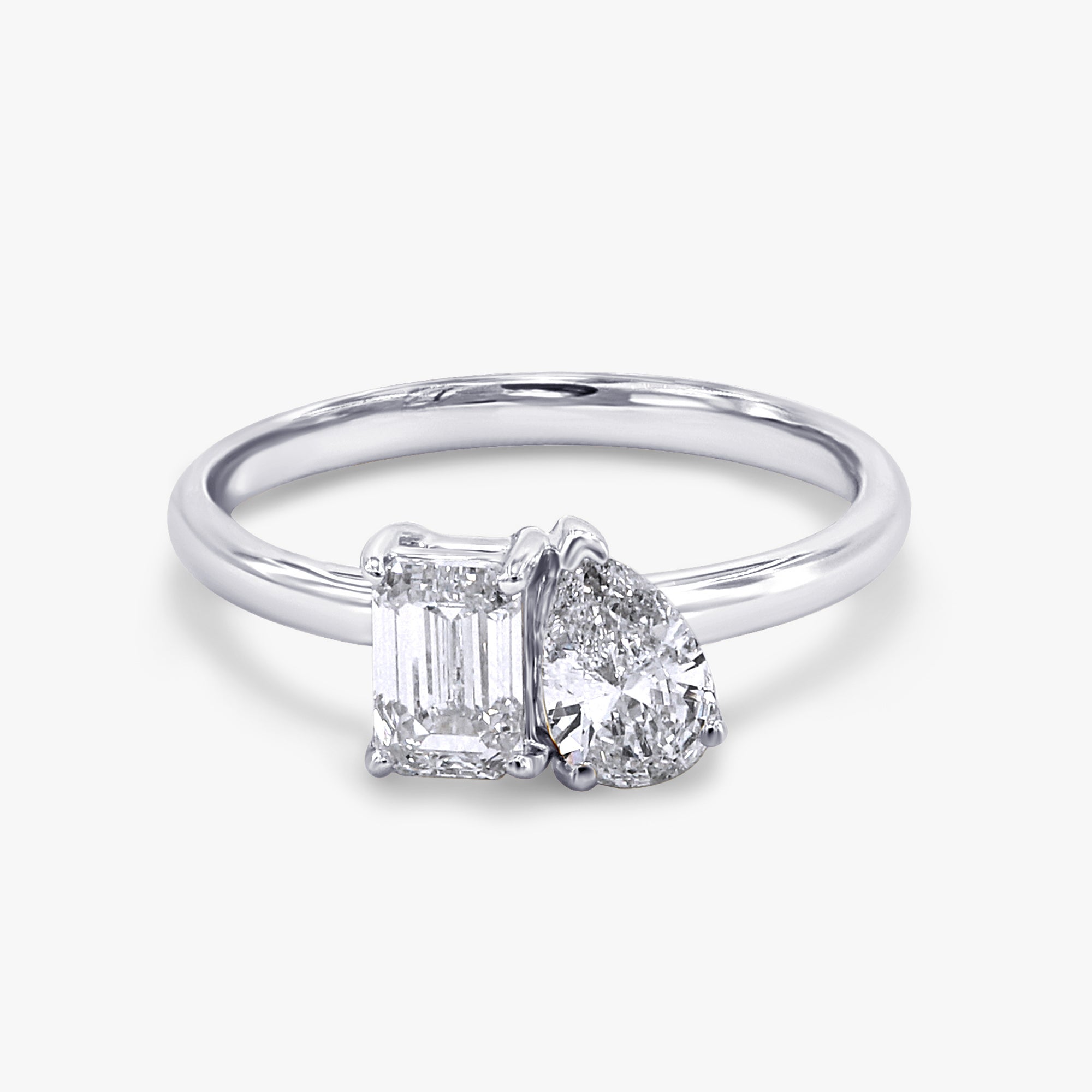 1.30 Carat Emerald and Pear Shape Lab Grown Diamond Toi Et Moi Engagement Ring