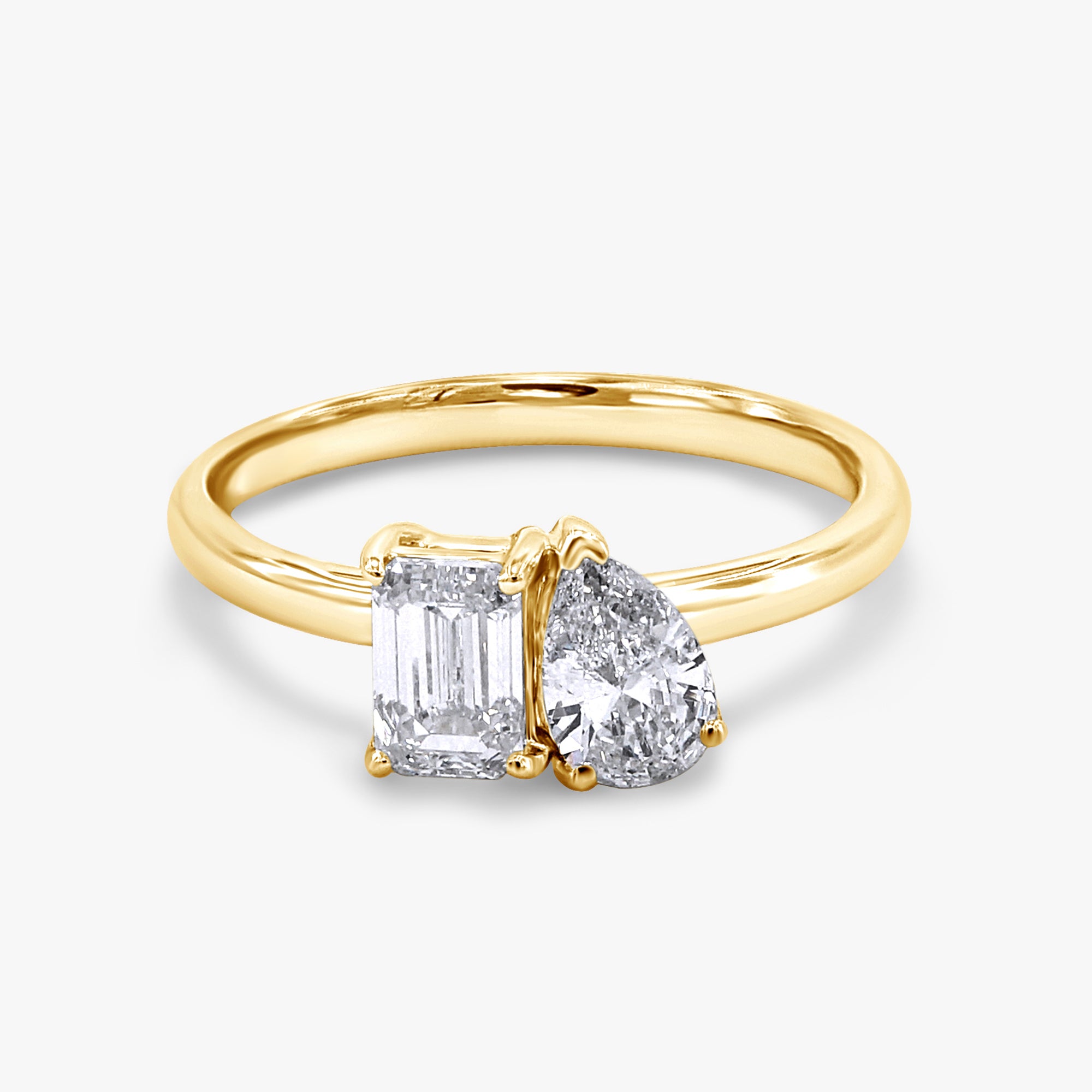 1.30 Carat Emerald and Pear Shape Lab Grown Diamond Toi Et Moi Engagement Ring