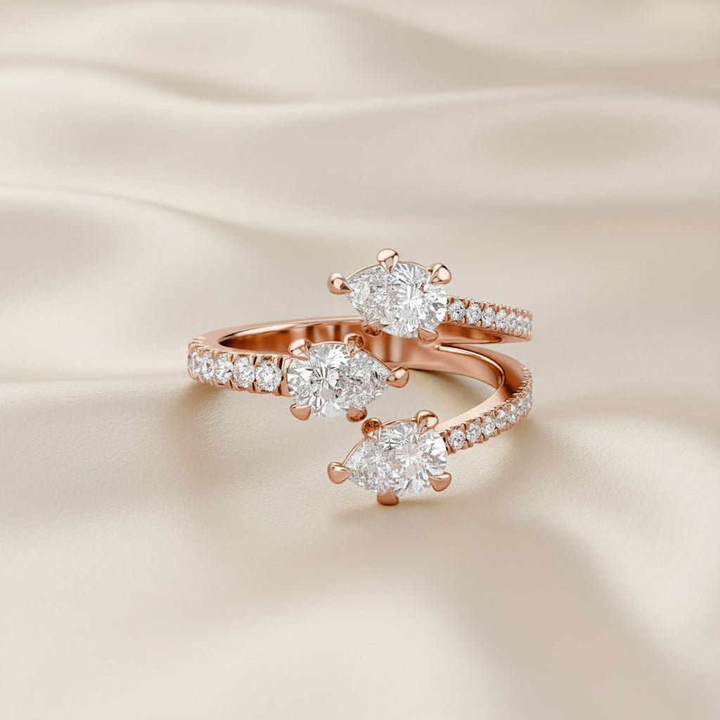 1.55 Carat Pear and Round Shape Lab Grown Diamond 3-Stone Wedding Band Ring
