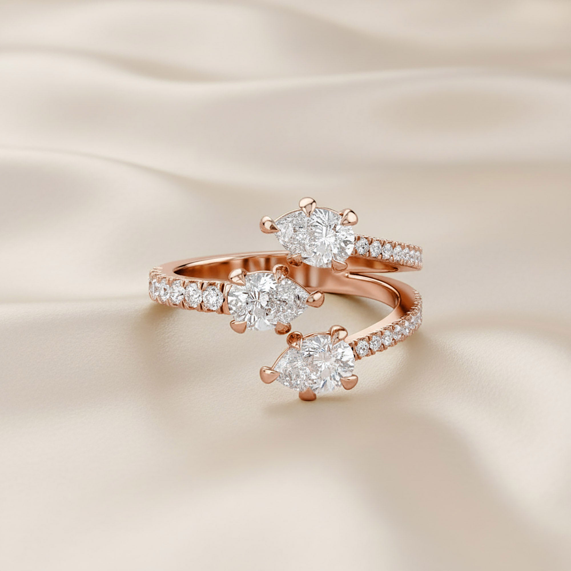 1.55 Carat Pear and Round Shape Lab Grown Diamond 3-Stone Wedding Band Ring