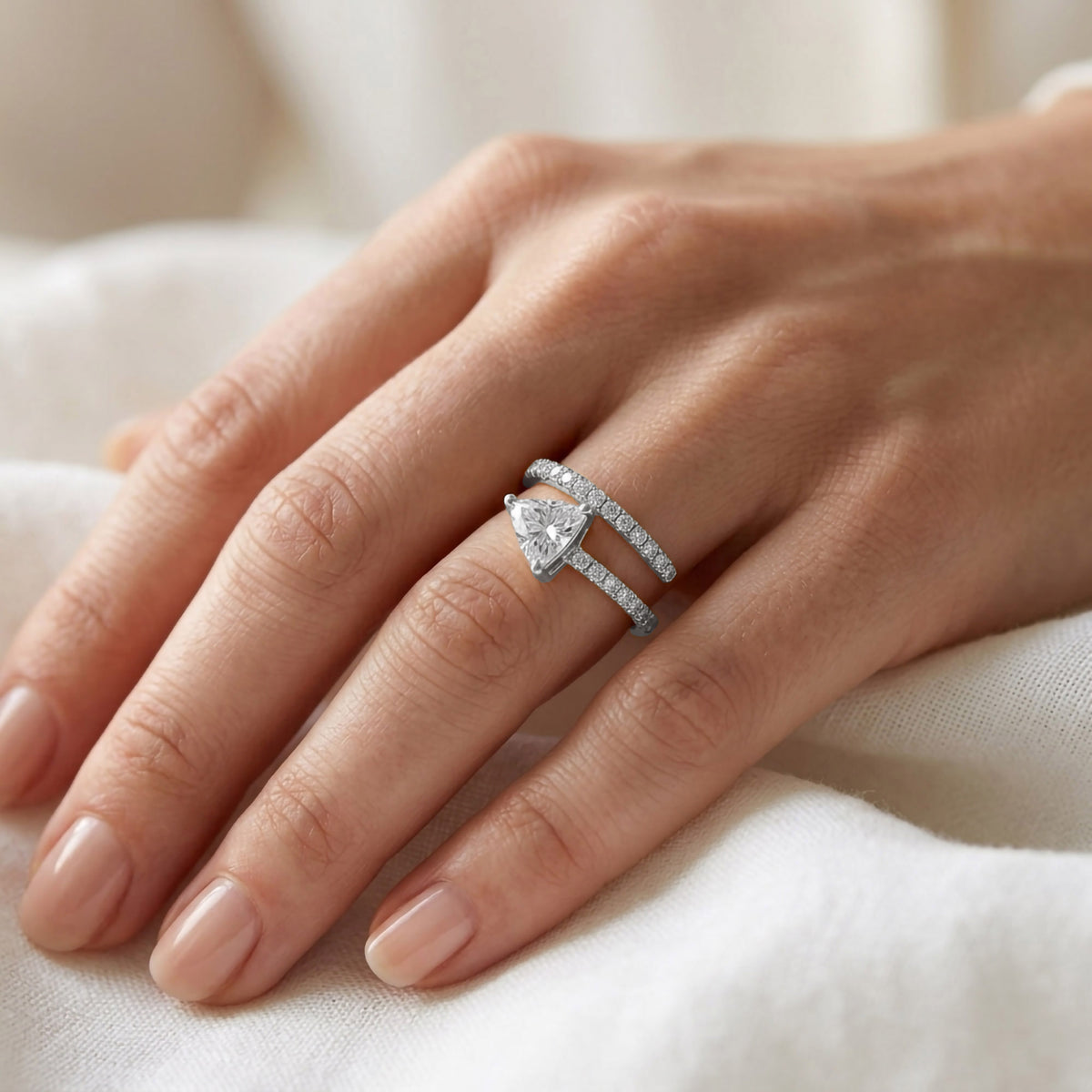 Trillion and Round Shape 1.45 Carat lab Grown Diamond Bypass Rings