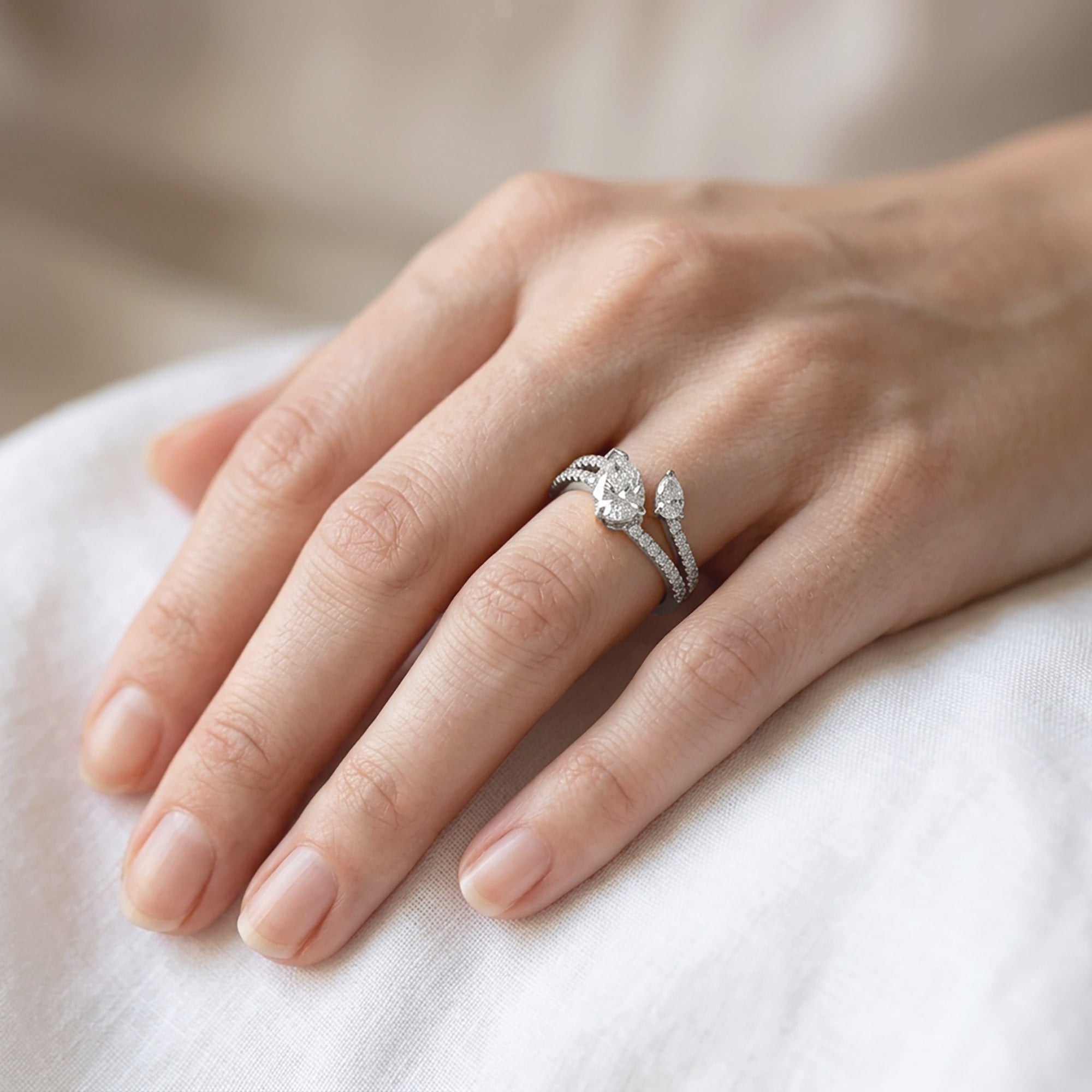 1.35 Carat Pear and Round Shape Lab Grown Diamond Split Shank Engagement Ring