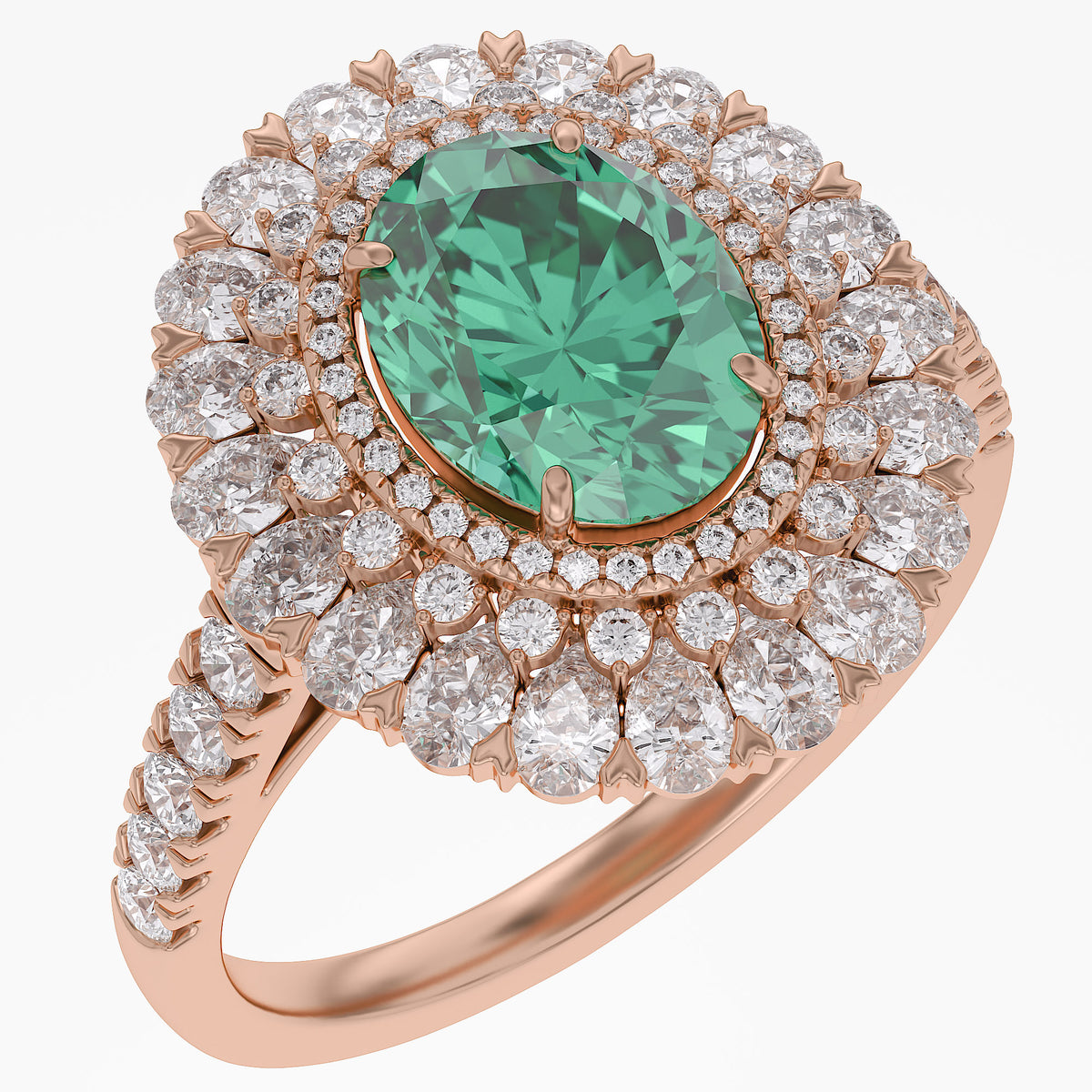 3.25 Carat Lab Grown Gemstone and Lab Diamond Double Halo Cluster Ring