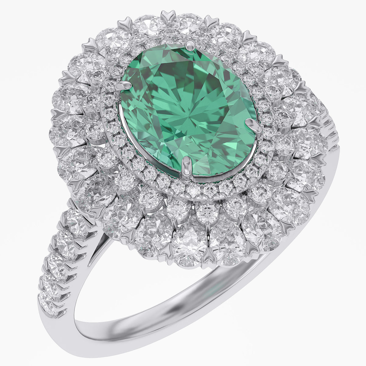 3.25 Carat Lab Grown Gemstone and Lab Diamond Double Halo Cluster Ring