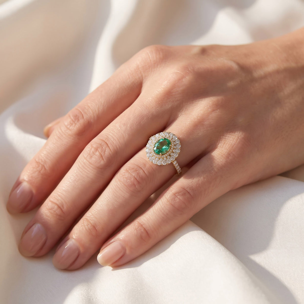 3.25 Carat Lab Grown Gemstone and Lab Diamond Double Halo Cluster Ring