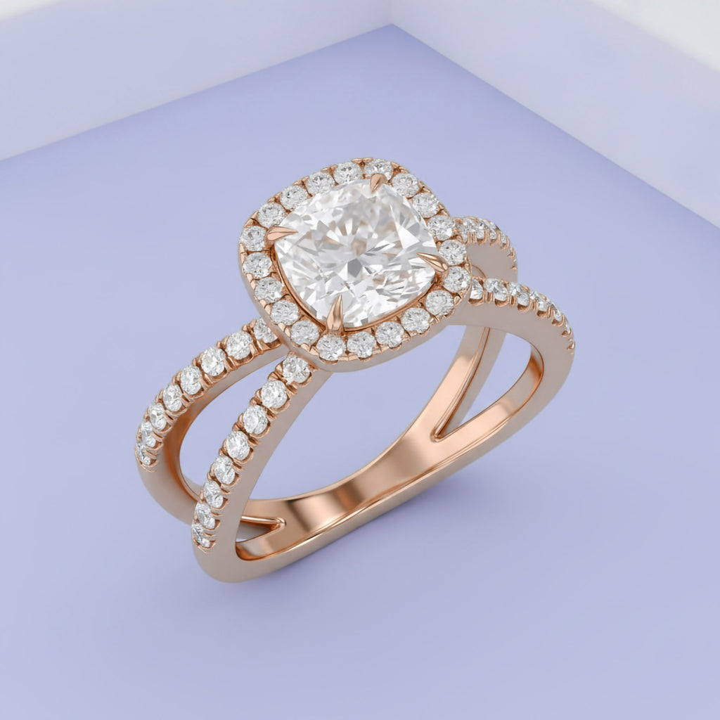 2.25 Carat Kara Cushion Cut Split Shank Halo Lab Grown Diamond Engagement Ring