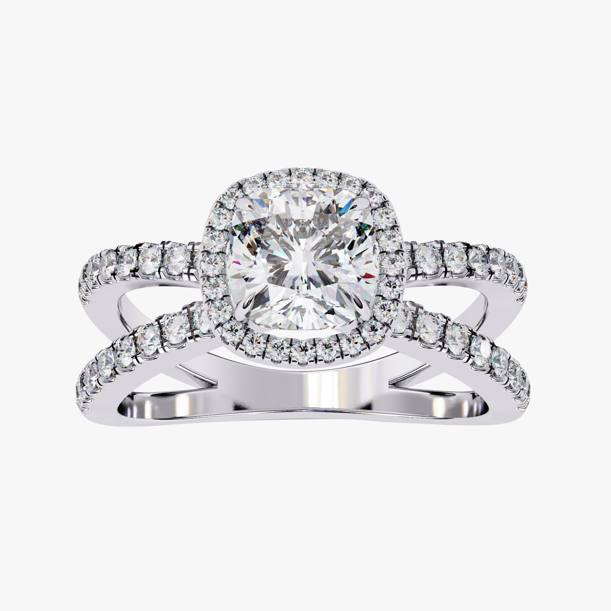 2.25 Carat Kara Cushion Cut Split Shank Halo Lab Grown Diamond Engagement Ring