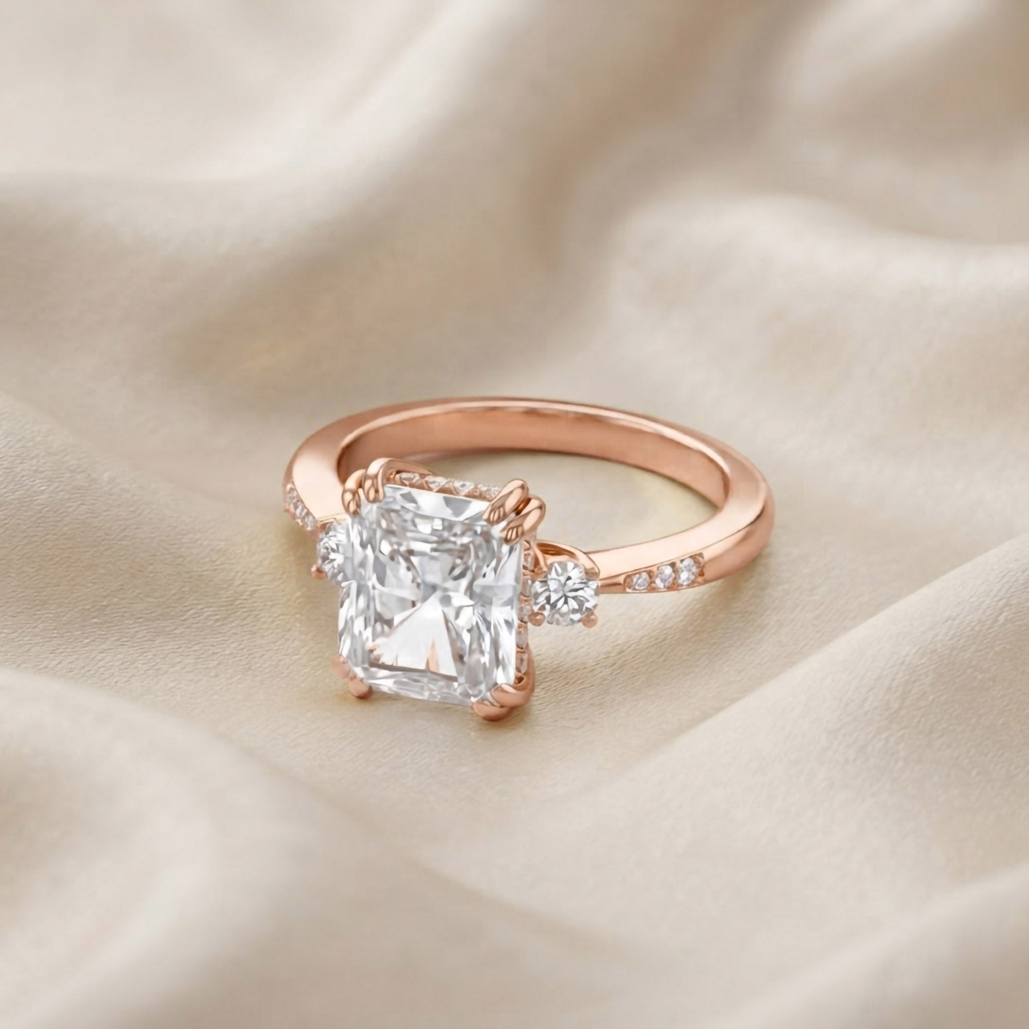 3.95 Carat Elisabeth 3 Stone Hidden Halo Lab Grown Diamond Engagement Ring