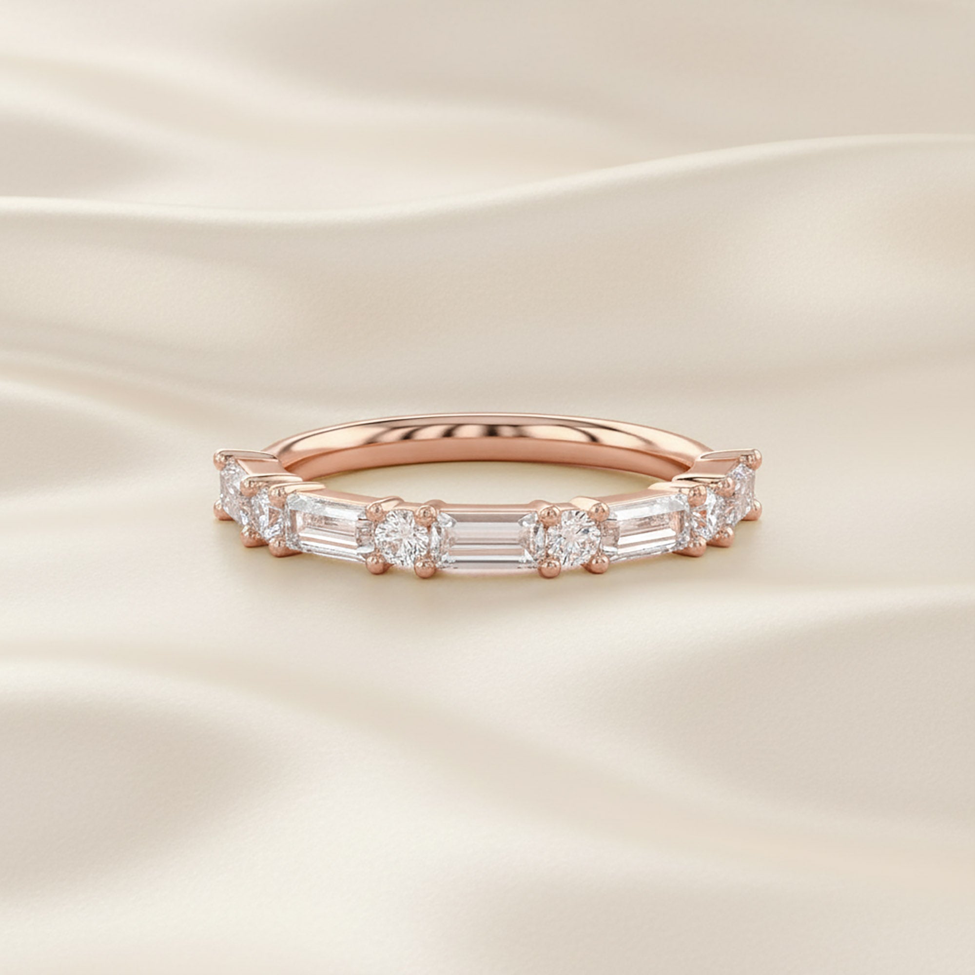 0.60 Carat Baguette and Round Cut Lab Grown Diamond Half Eternity Band Ring