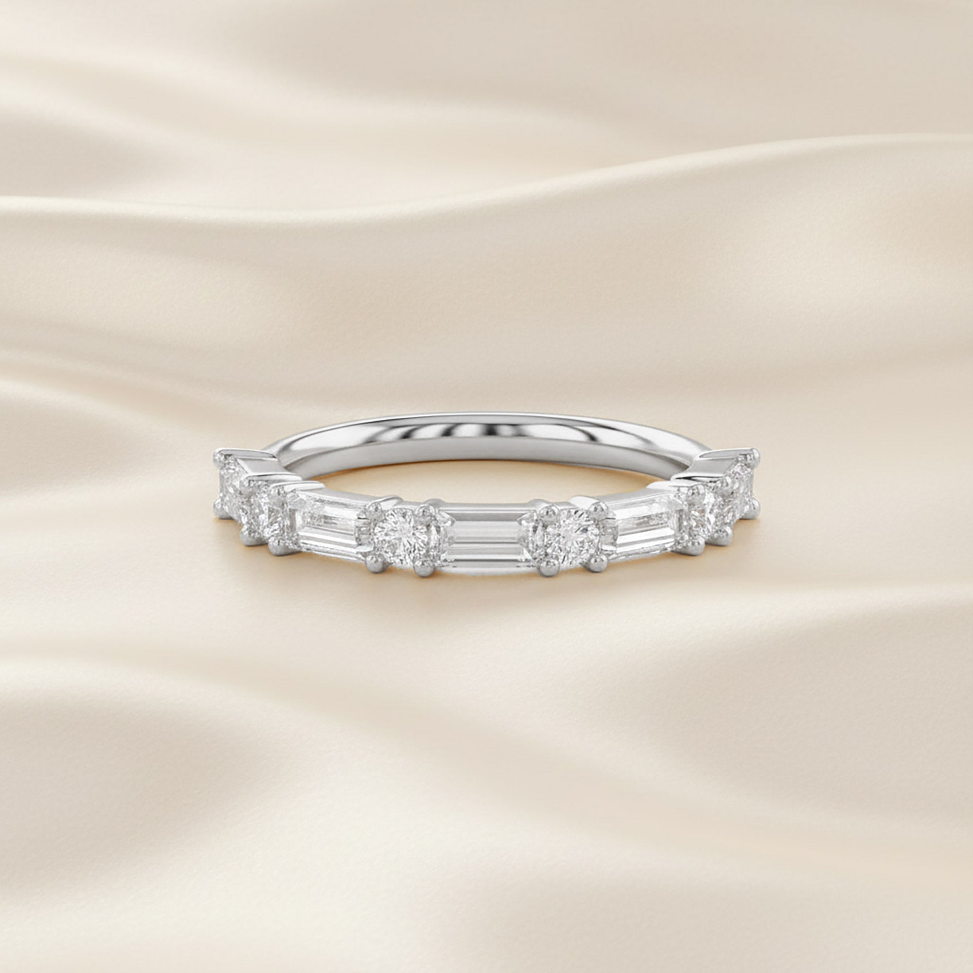 0.60 Carat Baguette and Round Cut Lab Grown Diamond Half Eternity Band Ring