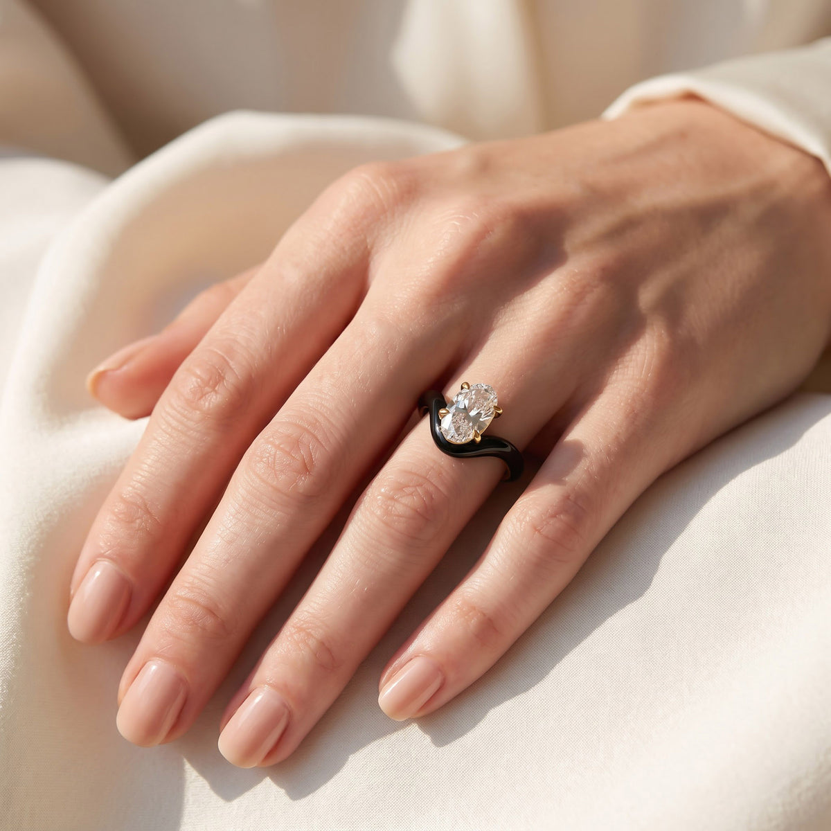 5.25 Carat Oval Cut Lab Grown Diamond Solitaire Black Enamel Ring