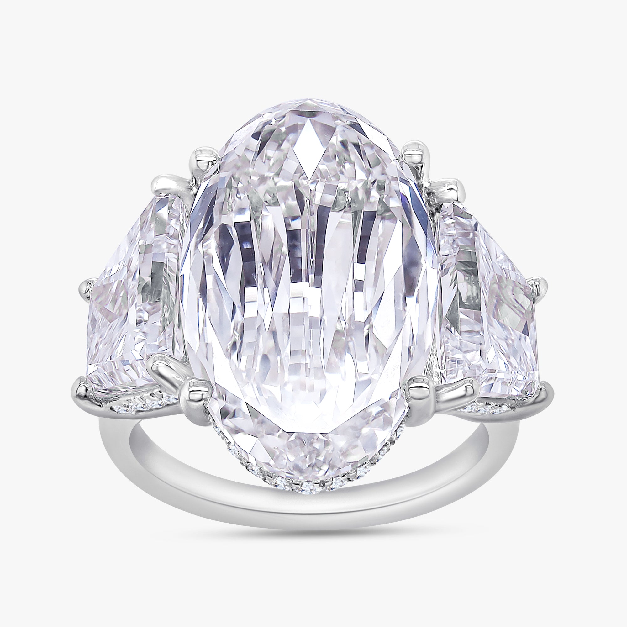 14.25 Carat Oval Cut Lab Grown Diamond 3-Stone Hidden Halo Ring