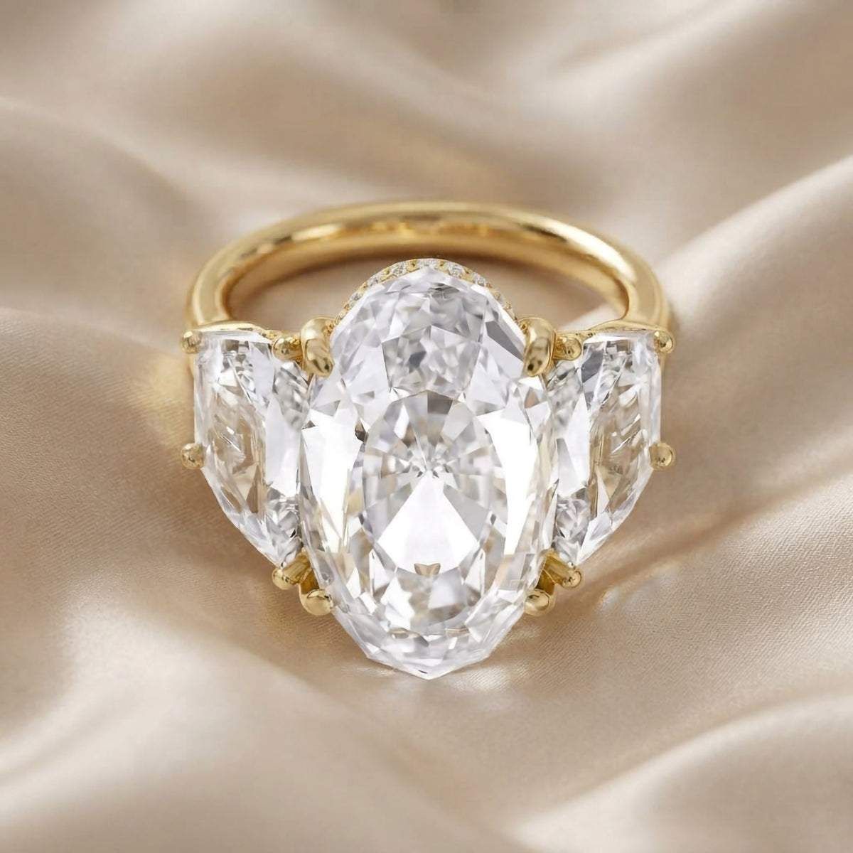 14.25 TCW  Oval Cut Lab Grown Diamond 3-Stone Hidden Halo Ring