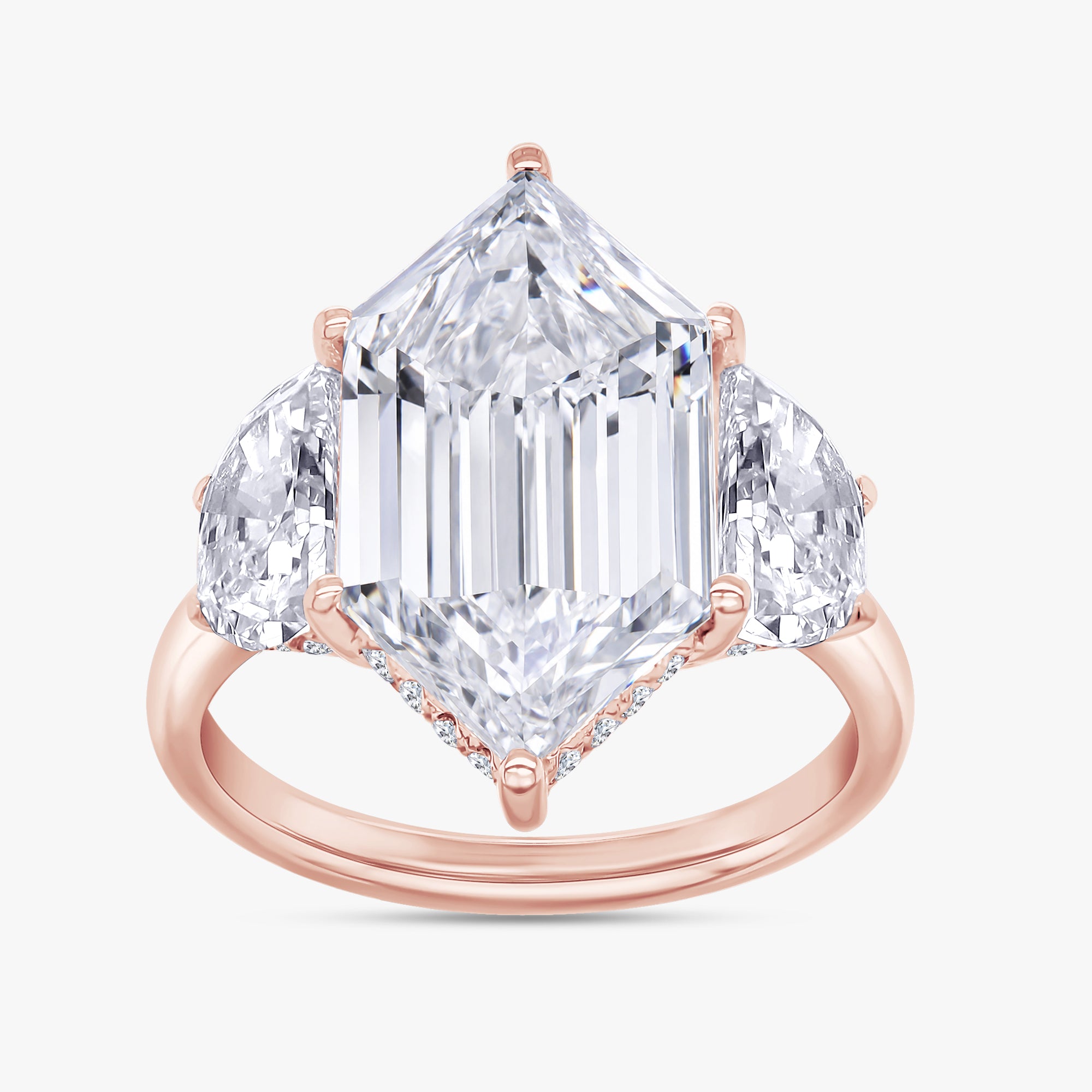 7.00 Carat Hexagon and Round Cut Lab Grown Diamond 3-Stone Hidden Halo Ring