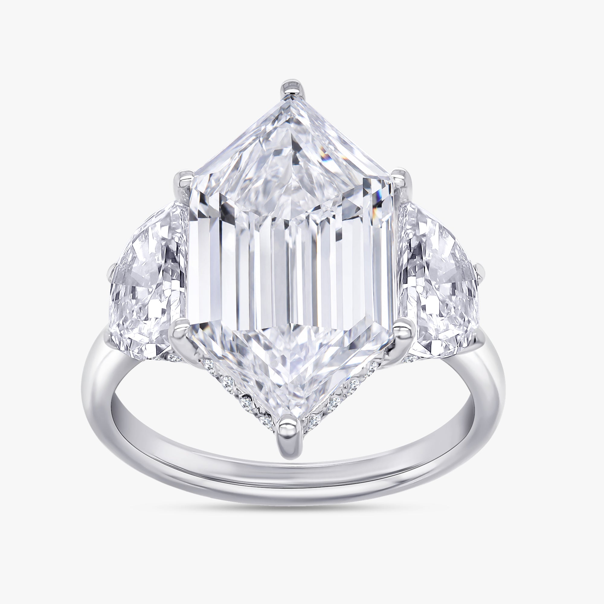 7.00 Carat Hexagon and Round Cut Lab Grown Diamond 3-Stone Hidden Halo Ring