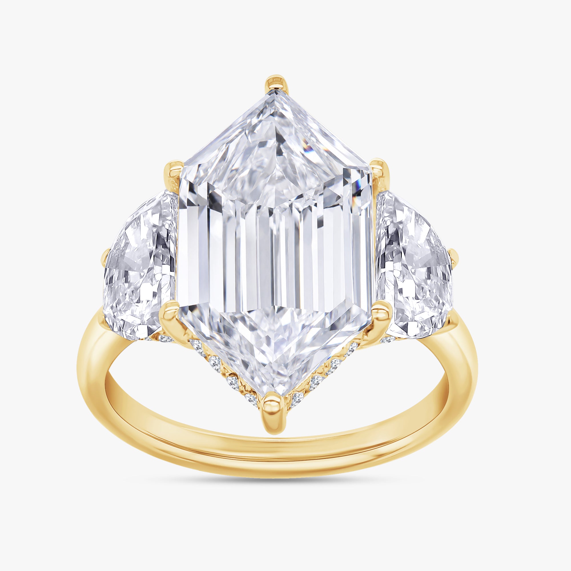 7.00 Carat Hexagon and Round Cut Lab Grown Diamond 3-Stone Hidden Halo Ring