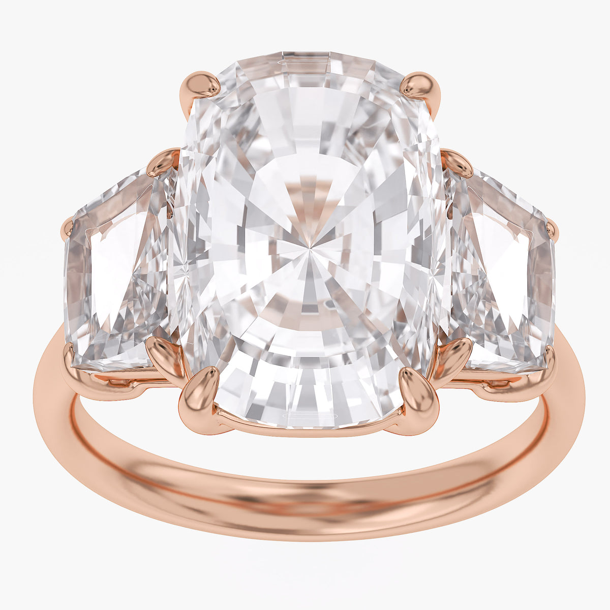 8.30 Carat Cushion and Trapezoid Cut Lab Grown Diamond 3-Stone Ring