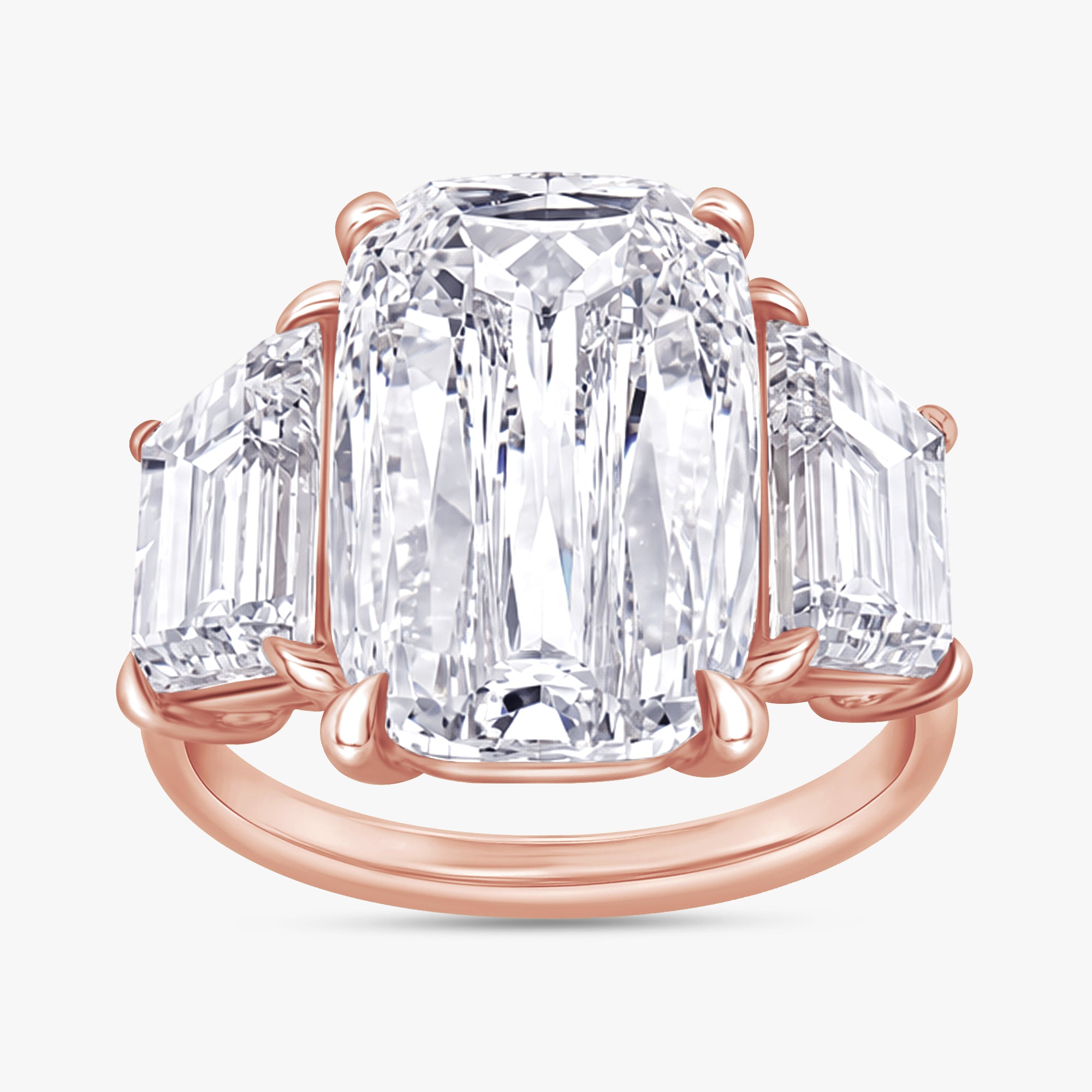 8.30 Carat Cushion and Trapezoid Cut Lab Grown Diamond 3-Stone Ring