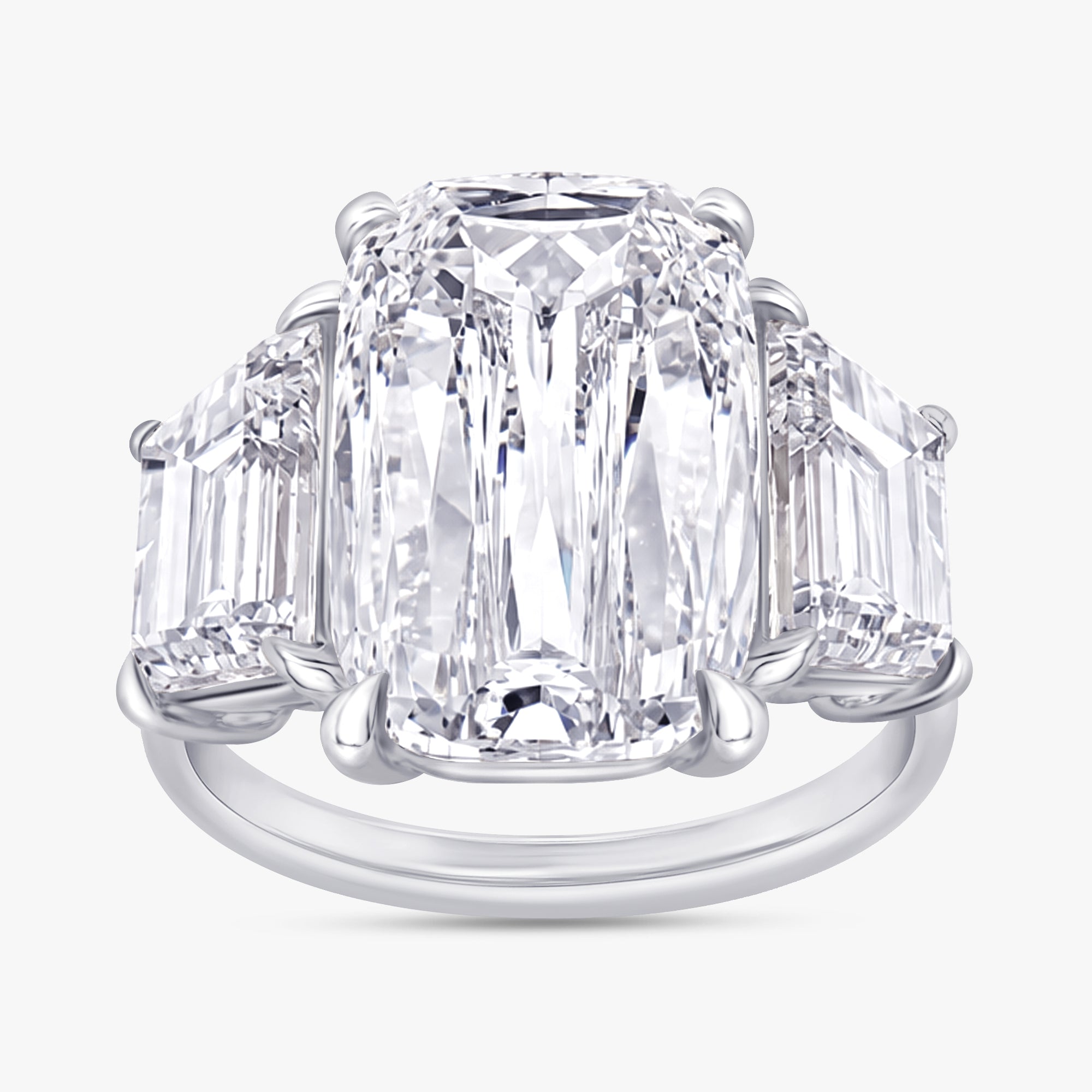 8.30 Carat Cushion and Trapezoid Cut Lab Grown Diamond 3-Stone Ring