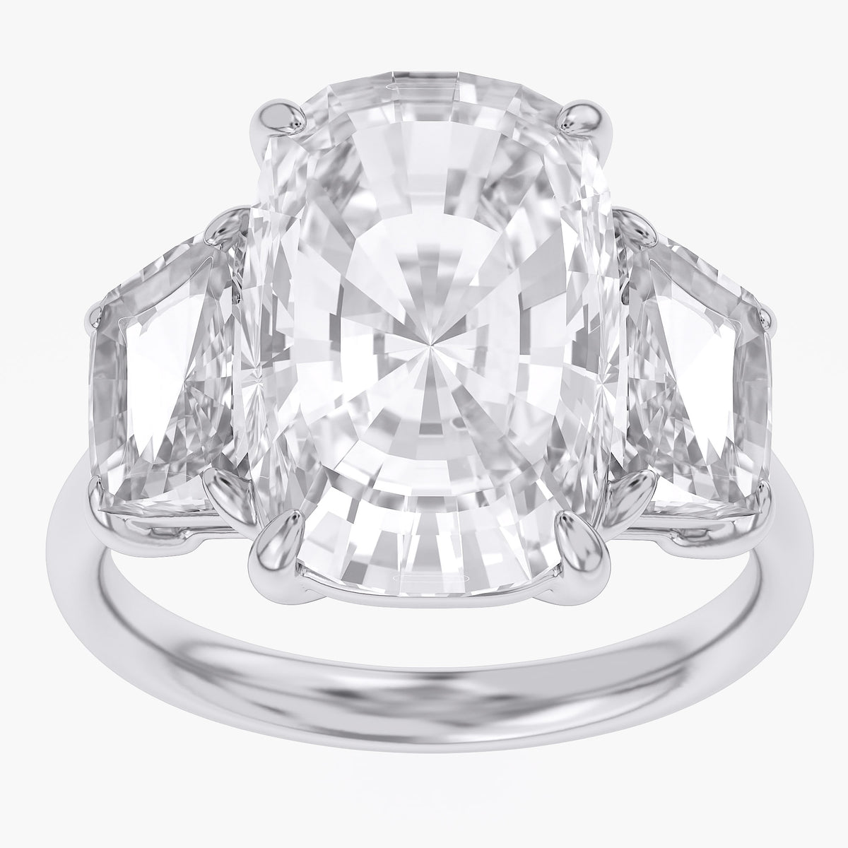 8.30 Carat Cushion and Trapezoid Cut Lab Grown Diamond 3-Stone Ring