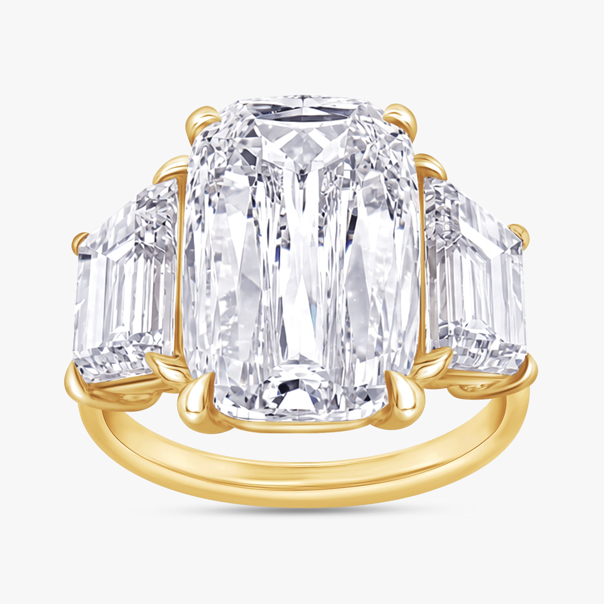 8.30 Carat Cushion and Trapezoid Cut Lab Grown Diamond 3-Stone Ring
