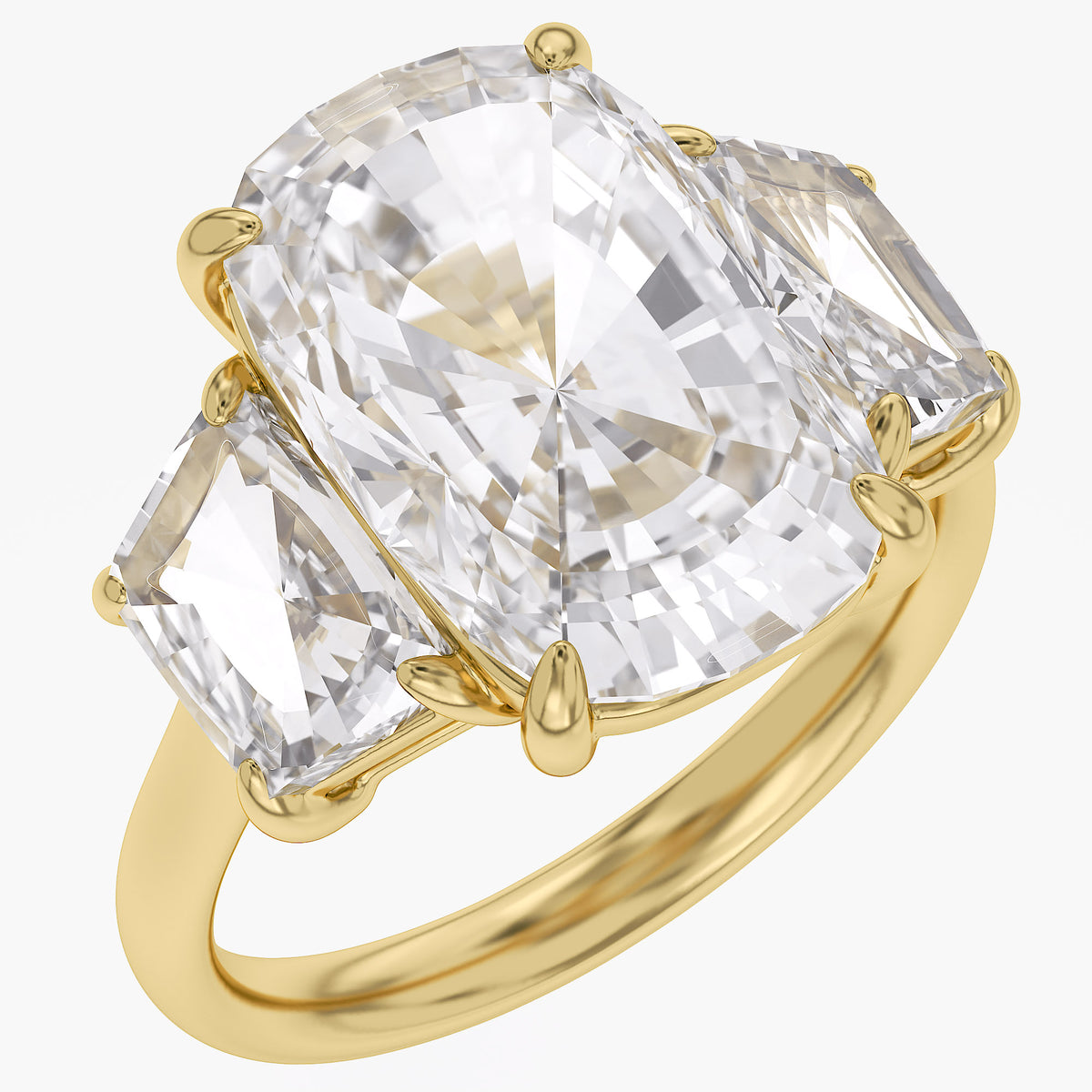 8.30 Carat Cushion and Trapezoid Cut Lab Grown Diamond 3-Stone Ring